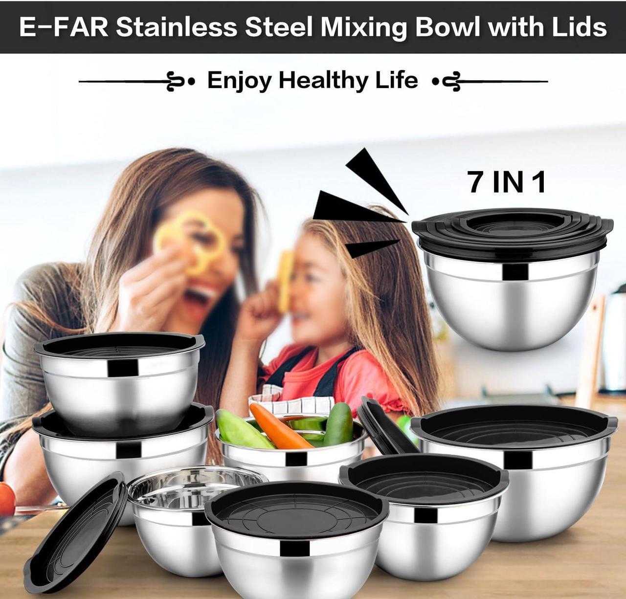 Alt view image 6 of 7 - Wenger Stainless Steel Mixing Bowls with Airtight Lids, 7-Piece Metal Nesting Bowls with Black Lids for Saving Storage Space, Size4.6, 3.5 , 2.6 ,  2, 1.5, 1, 0.7QT, Great for Baking/Cooking/Prepping