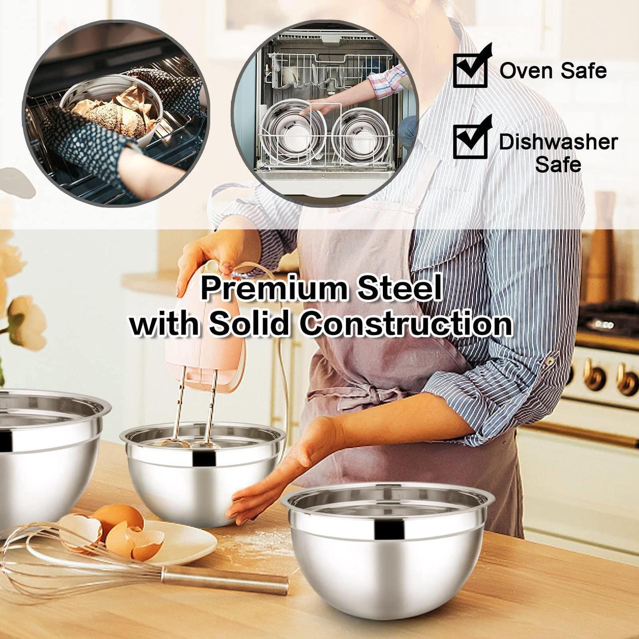 Alt view image 3 of 7 - Wenger Stainless Steel Mixing Bowls with Airtight Lids, 7-Piece Metal Nesting Bowls with Black Lids for Saving Storage Space, Size4.6, 3.5 , 2.6 ,  2, 1.5, 1, 0.7QT, Great for Baking/Cooking/Prepping