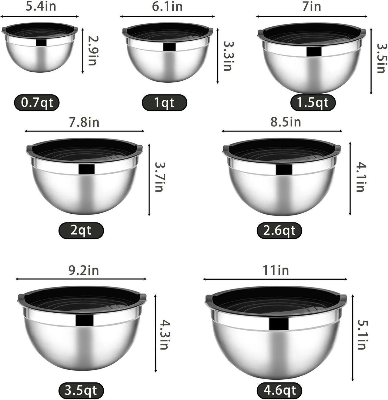 Alt view image 7 of 7 - Wenger Stainless Steel Mixing Bowls with Airtight Lids, 7-Piece Metal Nesting Bowls with Black Lids for Saving Storage Space, Size4.6, 3.5 , 2.6 ,  2, 1.5, 1, 0.7QT, Great for Baking/Cooking/Prepping
