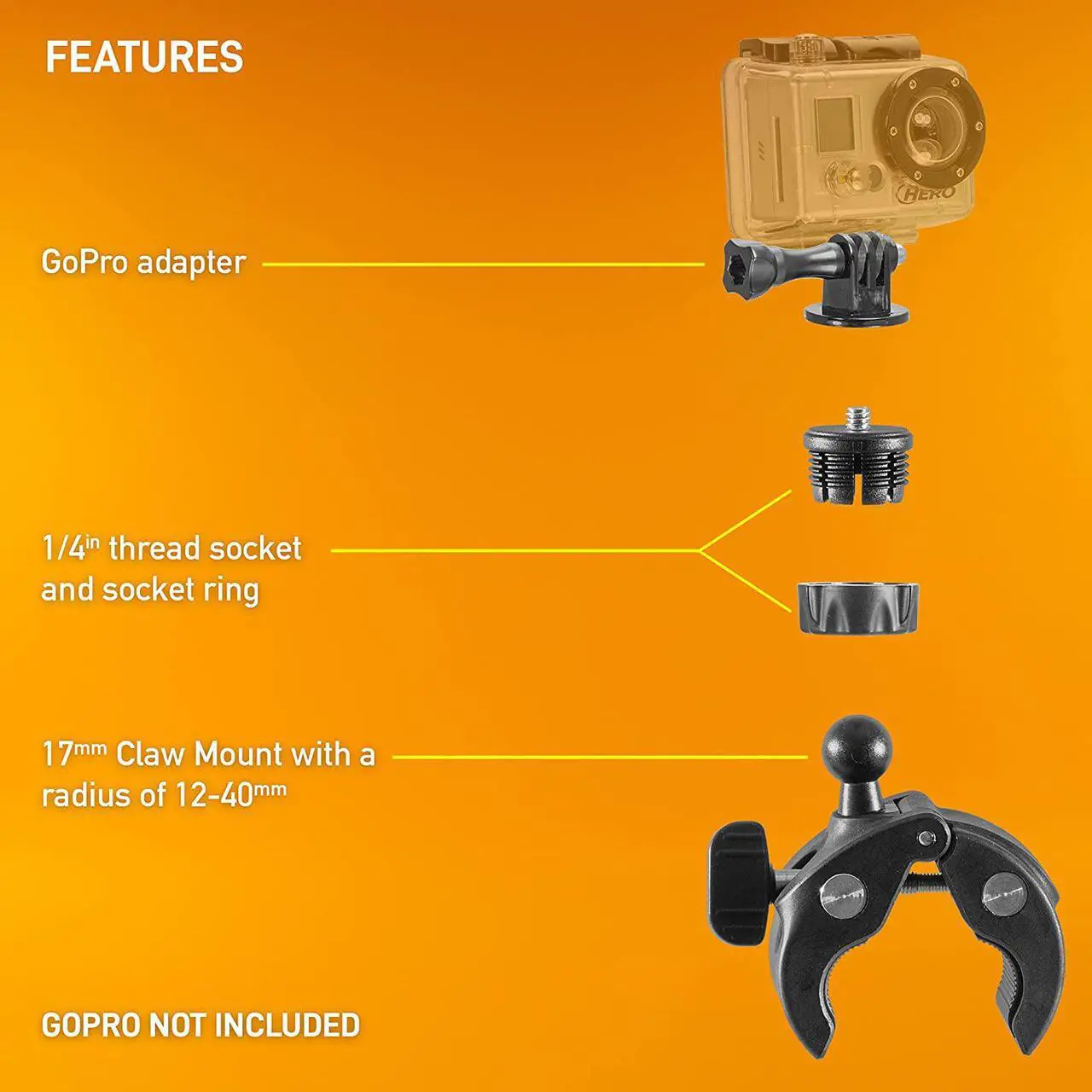 Alt view image 2 of 5 - iBOLT 17mm Clamp Mount for Handlebars, Poles, Posts- Compatible with GoPro Hero Action Cameras, ¼ 20" Camera Screw adapters and Accessories, Garmin GPS Systems, and Industry Standard 17mm Ball mounts