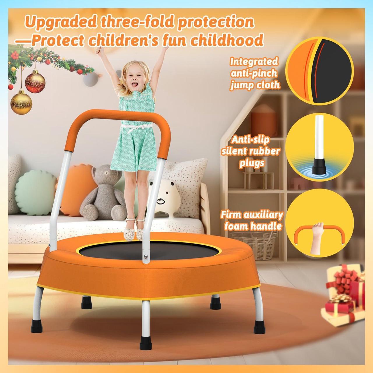 Alt view image 3 of 7 - Mersco 28" Mini Toddler Trampoline Kids Indoor Trampoline with Handle Small Recreational Trampoline for Kids Ages 1+ Baby Toys Gifts for Boys Girls Christmas Birthday, Orange