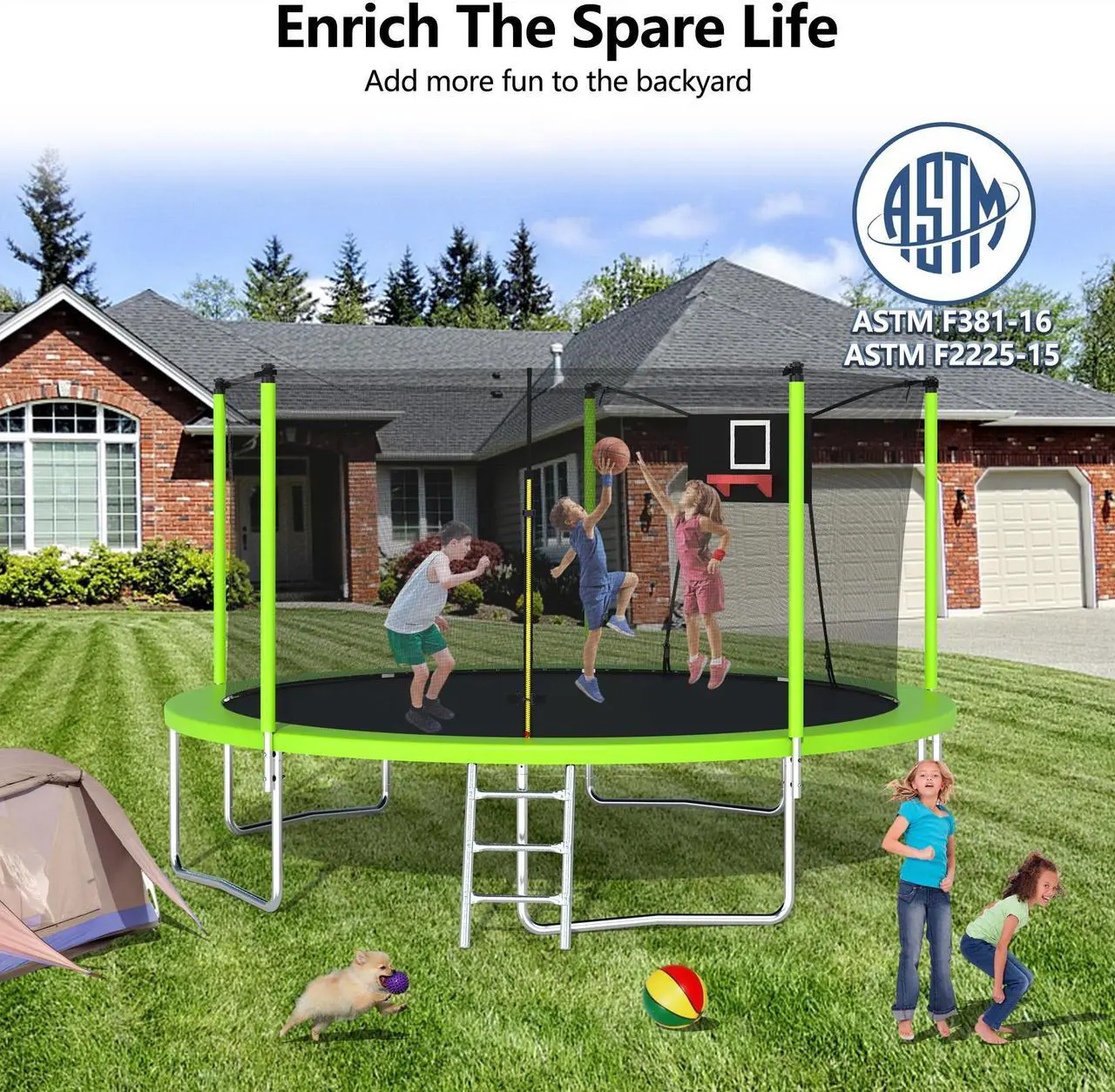 Alt view image 6 of 7 - Mersco 14FT Trampoline with Safety Enclosure Net,Trampolines with Soft Basketball,Outdoor Trampoline and Trampolines for Kids and Adults for Backyard Park-ASTM Approved Green Color