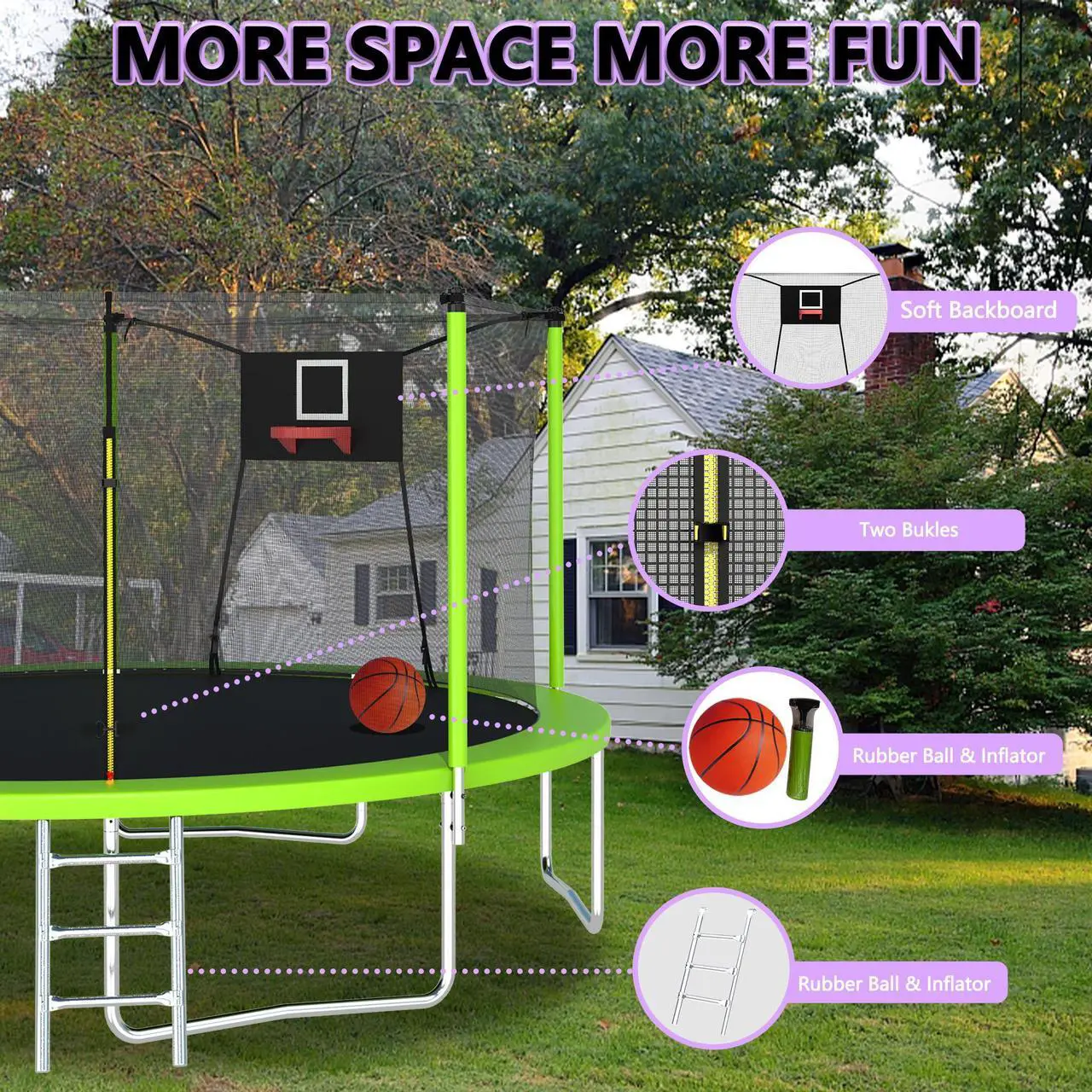 Alt view image 2 of 7 - Mersco 14FT Trampoline with Safety Enclosure Net,Trampolines with Soft Basketball,Outdoor Trampoline and Trampolines for Kids and Adults for Backyard Park-ASTM Approved Green Color