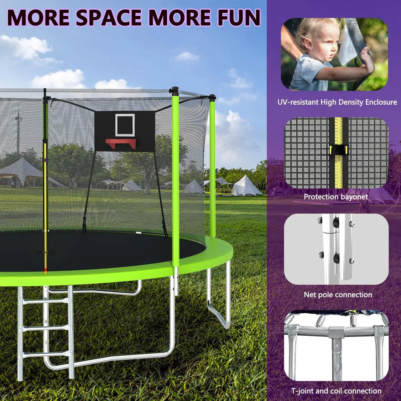Alt view image 3 of 7 - Mersco 14FT Trampoline with Safety Enclosure Net,Trampolines with Soft Basketball,Outdoor Trampoline and Trampolines for Kids and Adults for Backyard Park-ASTM Approved Green Color