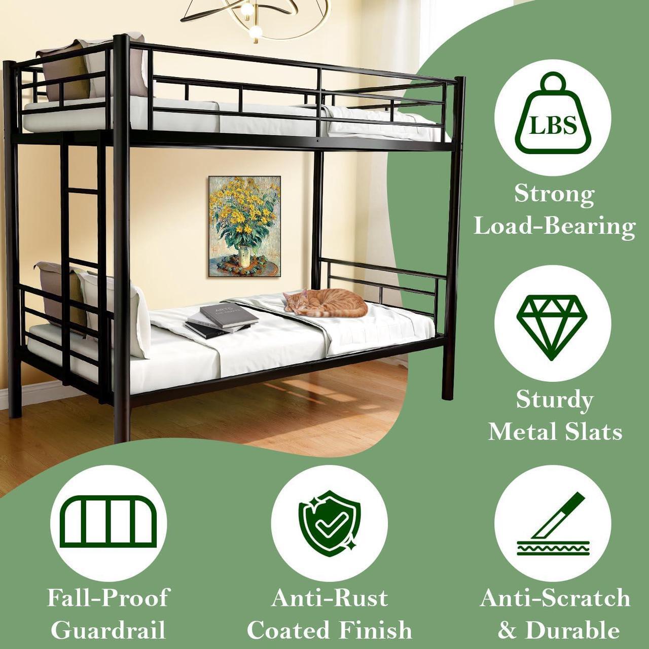 Alt view image 6 of 7 - Mersco Twin Over Twin Bunk Beds for Adults Convertible Metal Bunk Bed Heavy Duty Bunkbeds Frame for Teens Dorm Small Spaces Bedroom Guest Room, with Ladder & Guardrail, Bottom Space, Black