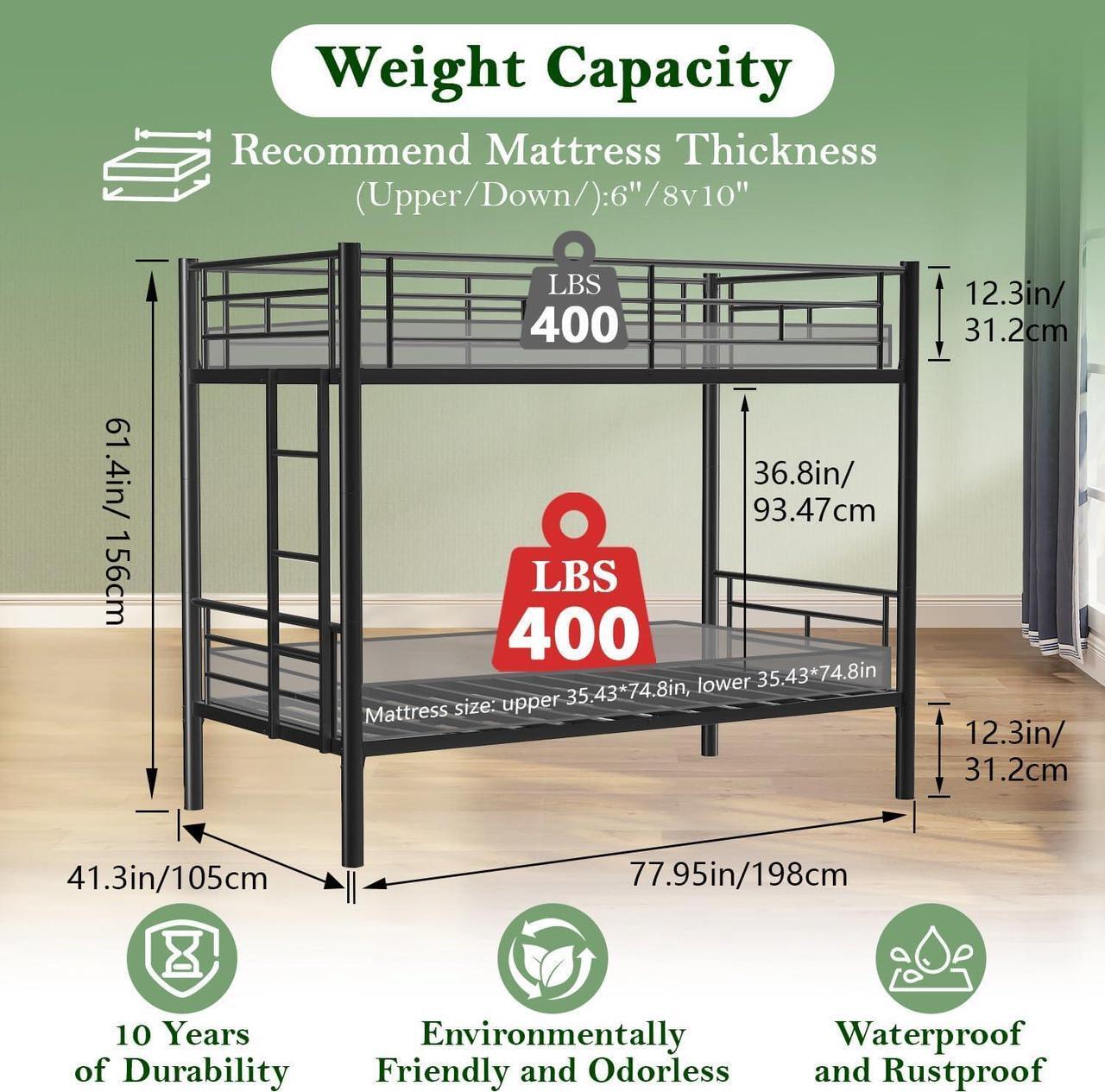 Alt view image 4 of 7 - Mersco Twin Over Twin Bunk Beds for Adults Convertible Metal Bunk Bed Heavy Duty Bunkbeds Frame for Teens Dorm Small Spaces Bedroom Guest Room, with Ladder & Guardrail, Bottom Space, Black