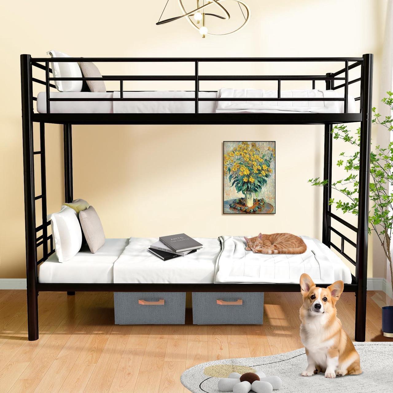 Alt view image 7 of 7 - Mersco Twin Over Twin Bunk Beds for Adults Convertible Metal Bunk Bed Heavy Duty Bunkbeds Frame for Teens Dorm Small Spaces Bedroom Guest Room, with Ladder & Guardrail, Bottom Space, Black