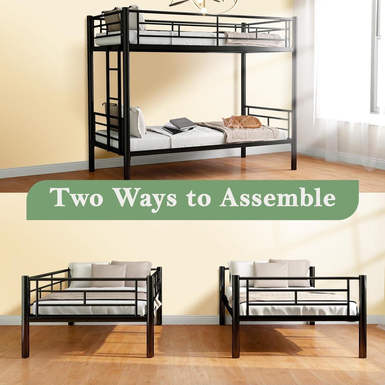 Alt view image 2 of 7 - Mersco Twin Over Twin Bunk Beds for Adults Convertible Metal Bunk Bed Heavy Duty Bunkbeds Frame for Teens Dorm Small Spaces Bedroom Guest Room, with Ladder & Guardrail, Bottom Space, Black