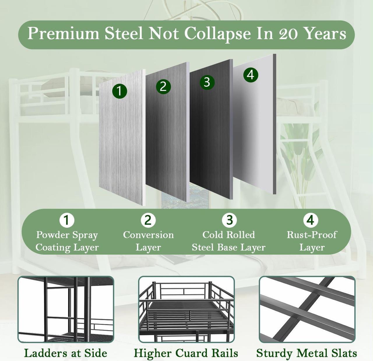 Alt view image 3 of 7 - Mersco Twin Over Twin Bunk Beds for Adults Convertible Metal Bunk Bed Heavy Duty Bunkbeds Frame for Teens Dorm Small Spaces Bedroom Guest Room, with Ladder & Guardrail, Bottom Space, Black
