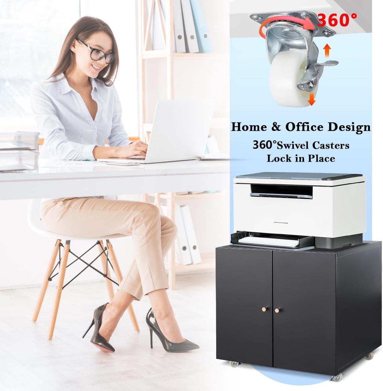 Alt view image 2 of 7 - Mersco Printer Stand with Storage - Organize in Style Metal Printer Cabinet,Large Storage Space Printer Table for Small Spaces with Door - Adjustable Shelf File Cabinet for Home Office,Black
