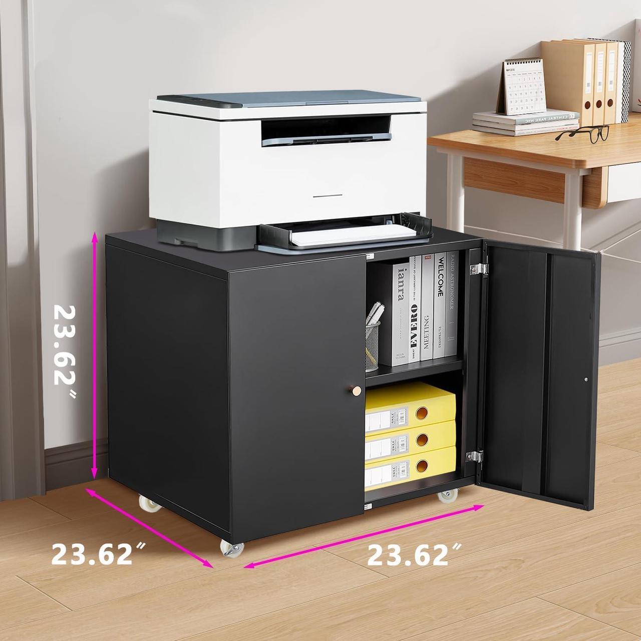 Alt view image 3 of 7 - Mersco Printer Stand with Storage - Organize in Style Metal Printer Cabinet,Large Storage Space Printer Table for Small Spaces with Door - Adjustable Shelf File Cabinet for Home Office,Black