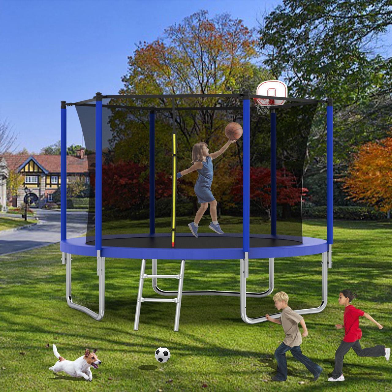 Main image of Mersco 8FT Kid Trampoline Outdoor With Basketbal & Hoop, Airpump, Straight Pole Rebounder Trampoline For Kids And Adults With Safety Enclosure Net & Ladder, New Year And Birthday Gift Green Blue