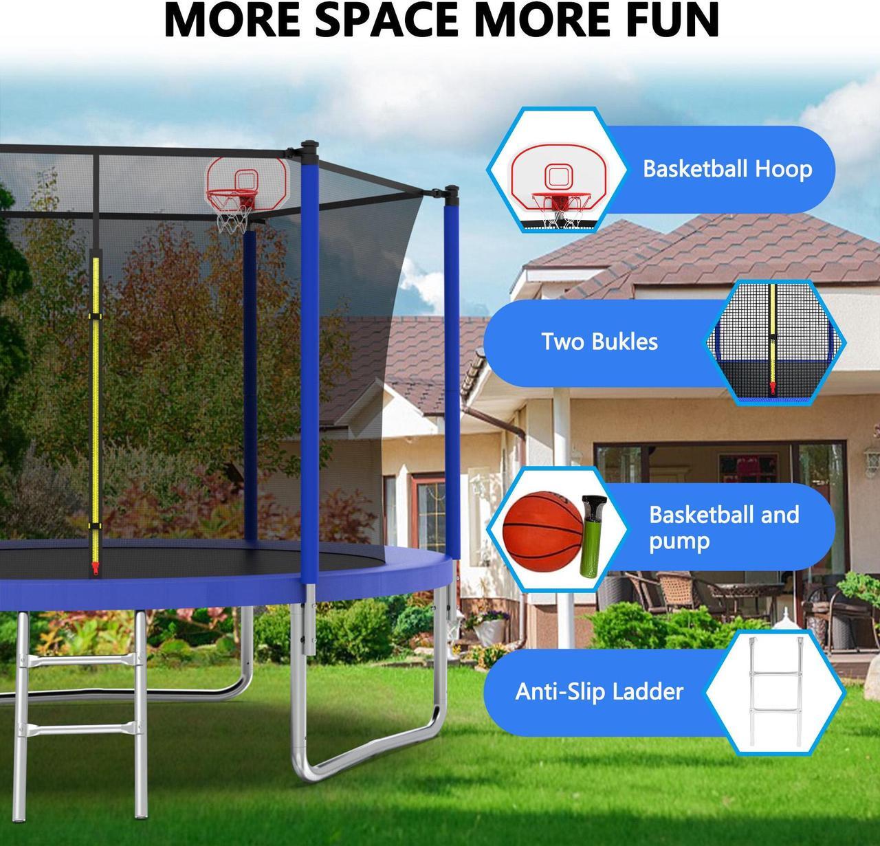 Alt view image 3 of 7 - Mersco 8FT Kid Trampoline Outdoor With Basketbal & Hoop, Airpump, Straight Pole Rebounder Trampoline For Kids And Adults With Safety Enclosure Net & Ladder, New Year And Birthday Gift Green Blue