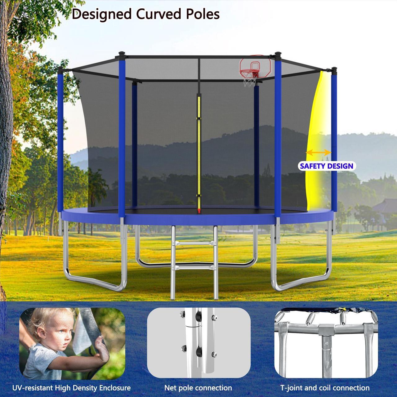 Alt view image 5 of 7 - Mersco 8FT Kid Trampoline Outdoor With Basketbal & Hoop, Airpump, Straight Pole Rebounder Trampoline For Kids And Adults With Safety Enclosure Net & Ladder, New Year And Birthday Gift Green Blue