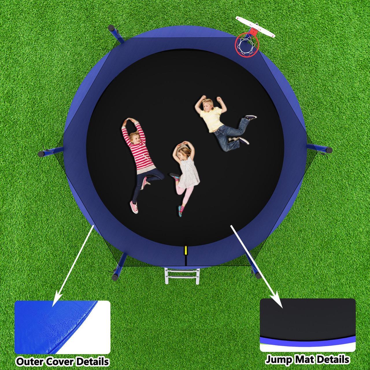 Alt view image 4 of 7 - Mersco 8FT Kid Trampoline Outdoor With Basketbal & Hoop, Airpump, Straight Pole Rebounder Trampoline For Kids And Adults With Safety Enclosure Net & Ladder, New Year And Birthday Gift Green Blue