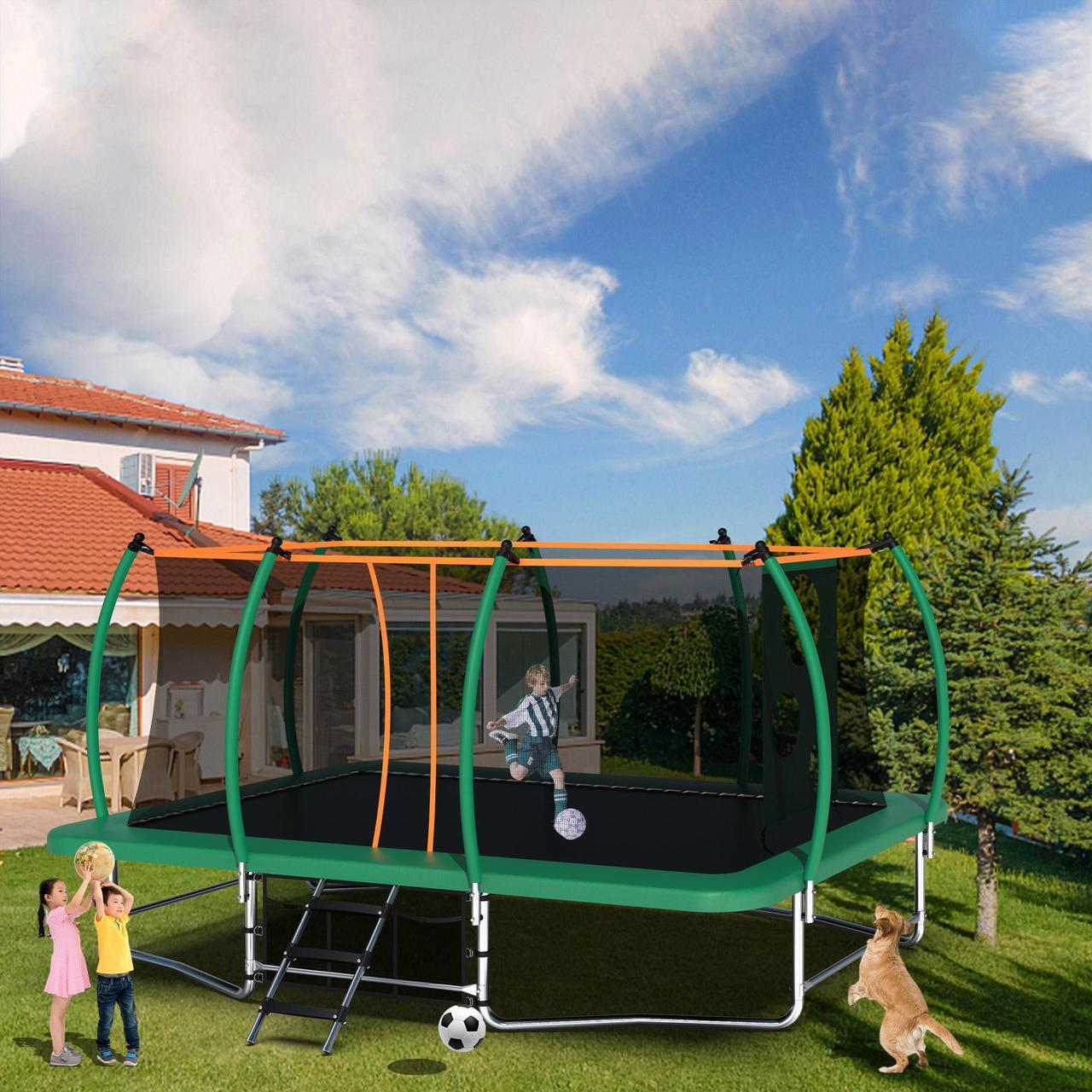Main image of Mersco 10x16FT Rectangle Trampoline with Football Bag and Enclosure Net, Outdoor Rectangular Trampolines for Kids Adults, ASTM Approved Square Bounce Gymnastics Trampoline, 1760LBS Load-Bearing