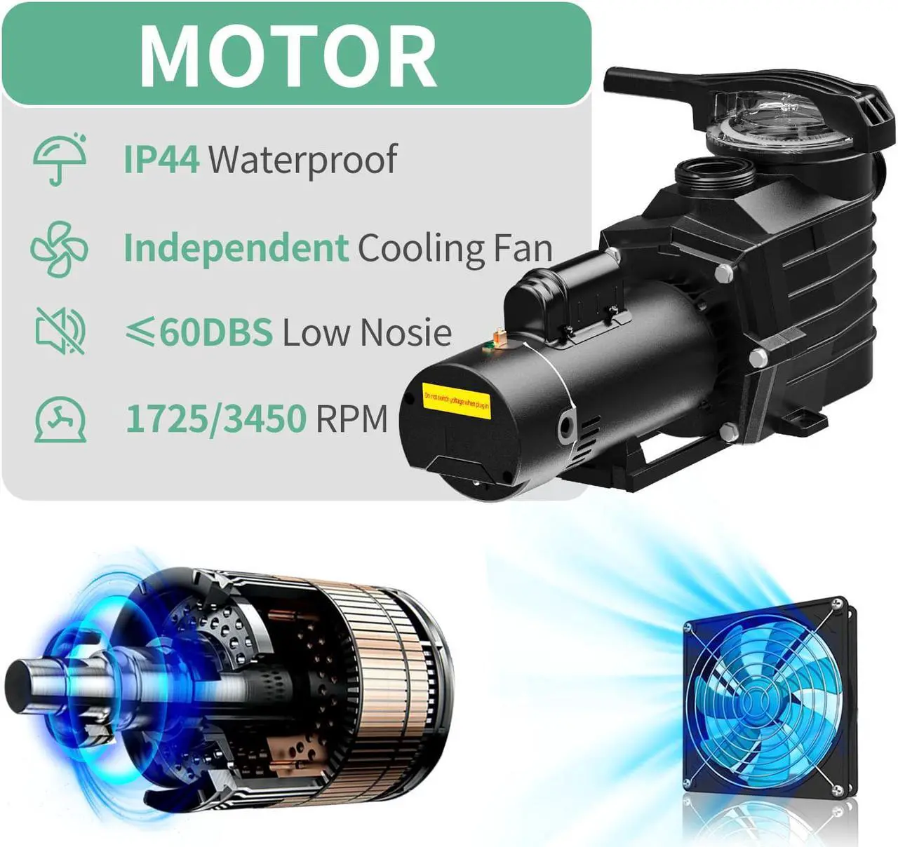 Alt view image 5 of 7 - 2.5HP 6240GPH Pool Pumps Above Ground and Inground, 1725RPM/3450RPM 2-Speed Swimming Pool Pumps, Super Power, Salt/Fresh Water, IP44 Waterproof, Energy Saving