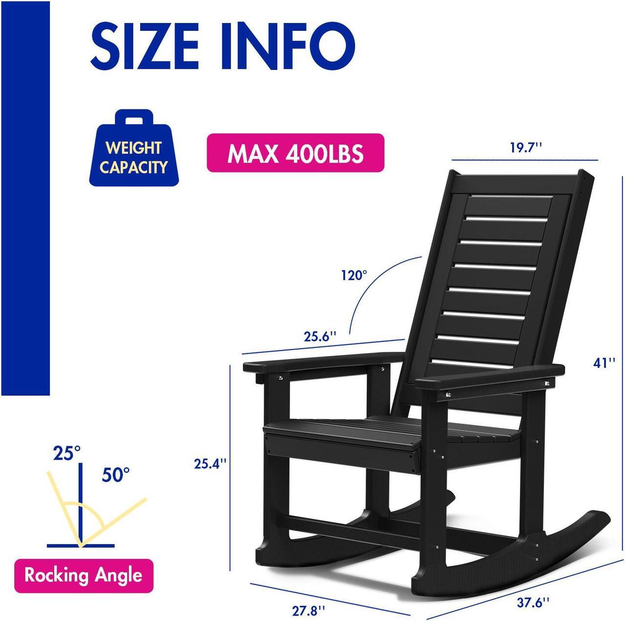 Alt view image 3 of 7 - Patio Rocking Chair, All-Weather Oversized Outdoor Rocker, HDPE Plastic Rocking Chairs with High Back for Front Porch Outside Indoor Living Room Backyard Balcony, Black