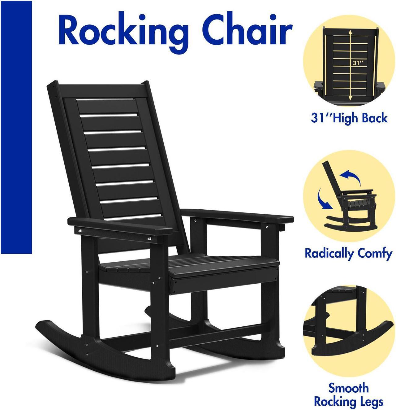 Alt view image 6 of 7 - Patio Rocking Chair, All-Weather Oversized Outdoor Rocker, HDPE Plastic Rocking Chairs with High Back for Front Porch Outside Indoor Living Room Backyard Balcony, Black