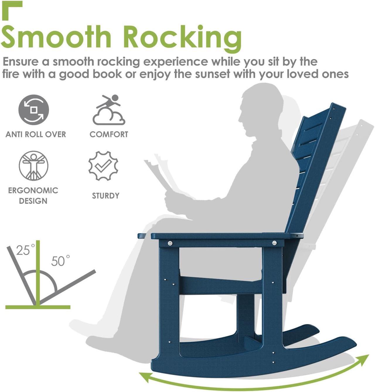 Alt view image 4 of 7 - Outdoor Rocking Chair Wood Grain, HDPE All-Weather Porch Rocker, Oversized Plastic Rockers w/Wood Texture & High Back for Outside Indoor Living Room Backyard Balcony Garden Patio Blue
