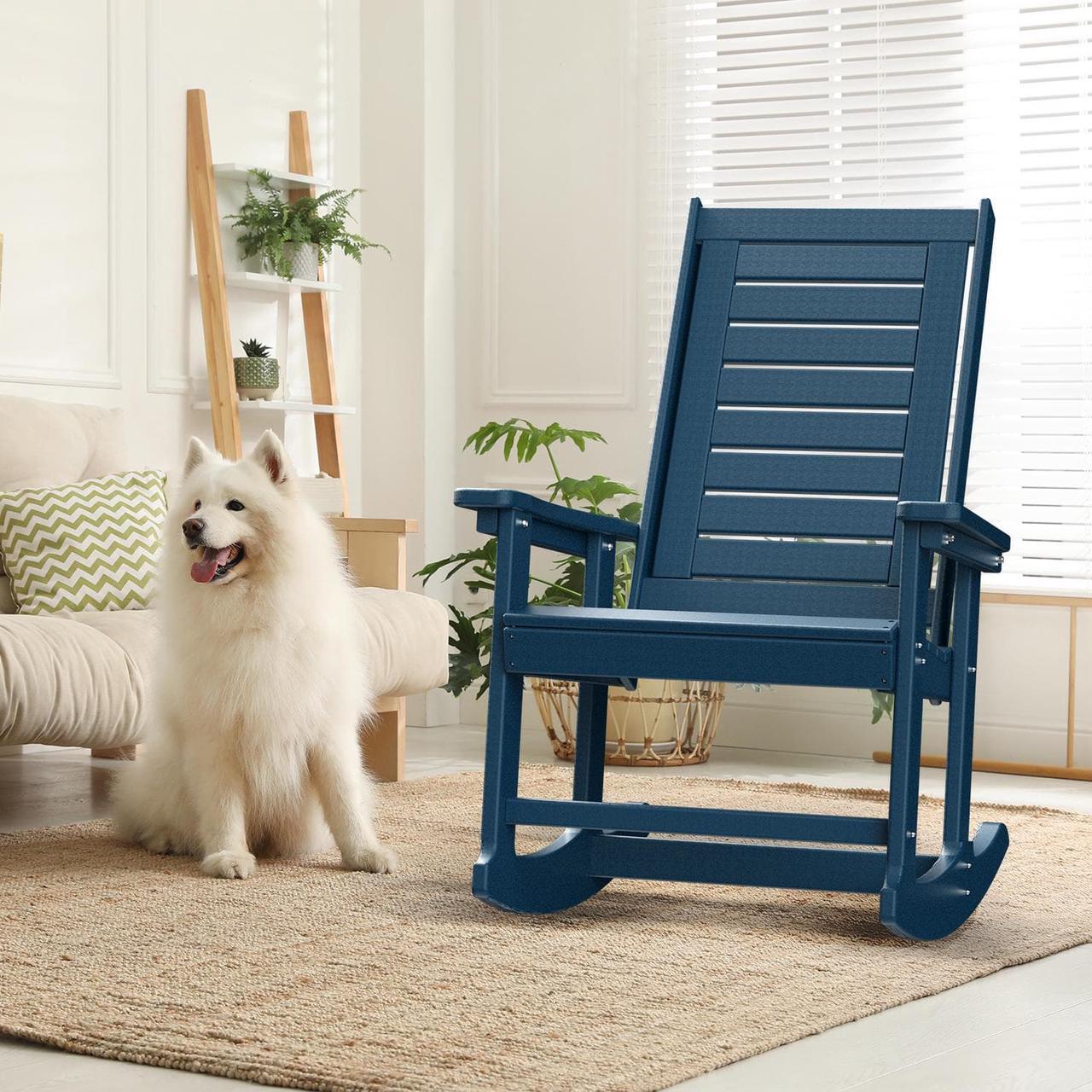 Alt view image 5 of 7 - Outdoor Rocking Chair Wood Grain, HDPE All-Weather Porch Rocker, Oversized Plastic Rockers w/Wood Texture & High Back for Outside Indoor Living Room Backyard Balcony Garden Patio Blue
