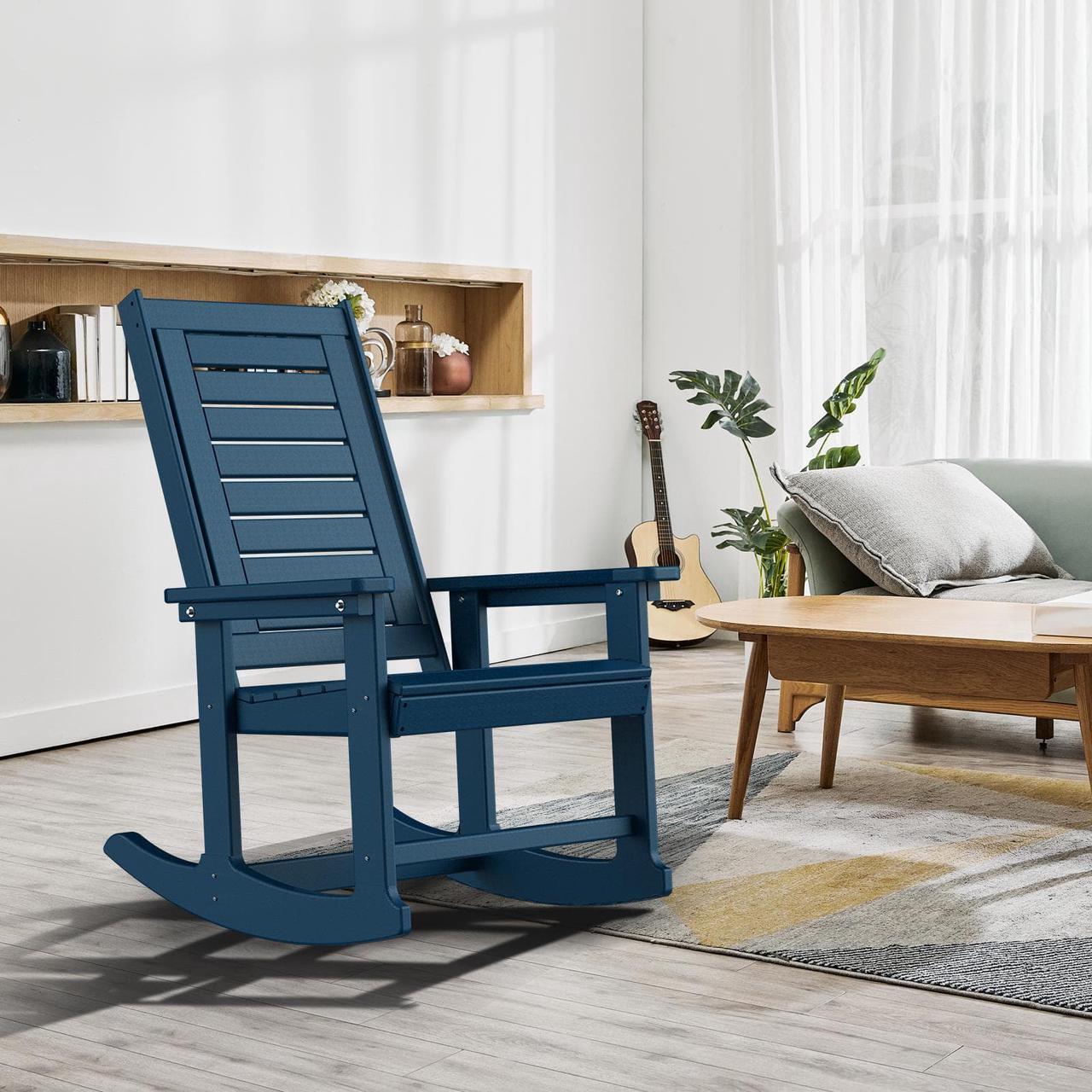 Alt view image 6 of 7 - Outdoor Rocking Chair Wood Grain, HDPE All-Weather Porch Rocker, Oversized Plastic Rockers w/Wood Texture & High Back for Outside Indoor Living Room Backyard Balcony Garden Patio Blue