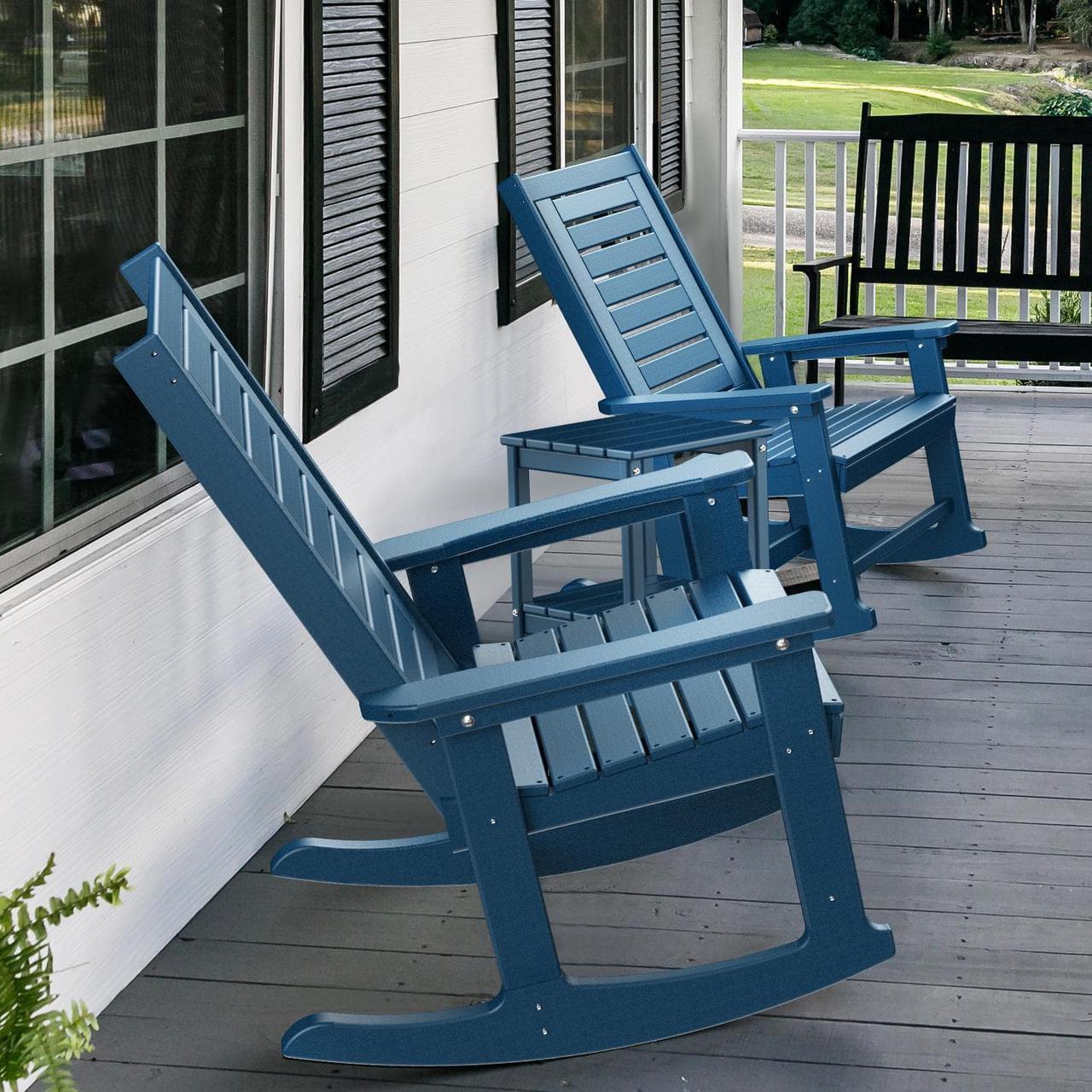 Alt view image 7 of 7 - Outdoor Rocking Chair Wood Grain, HDPE All-Weather Porch Rocker, Oversized Plastic Rockers w/Wood Texture & High Back for Outside Indoor Living Room Backyard Balcony Garden Patio Blue