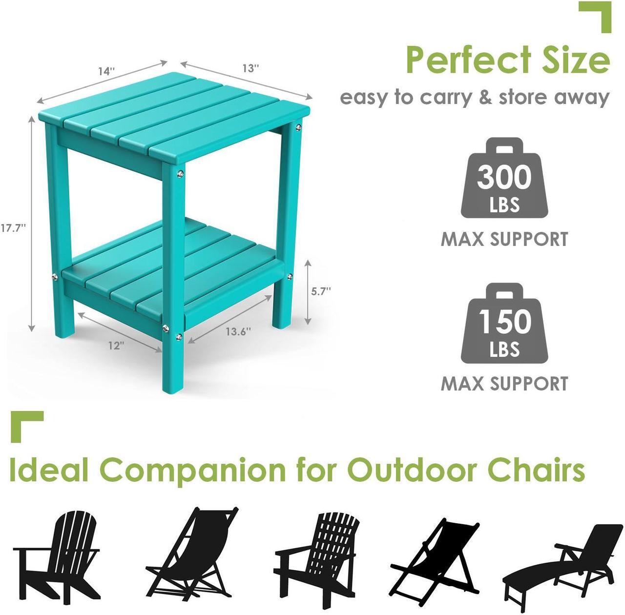 Alt view image 2 of 5 - JiffyPoint Adirondack Outdoor Side Table, 14 x 13 HDPE Plastic All Weather End Tables with Storage Shelf for Poolside Indoor Outside Front Porch Living Room Patio Backyard Campfire, Aqua