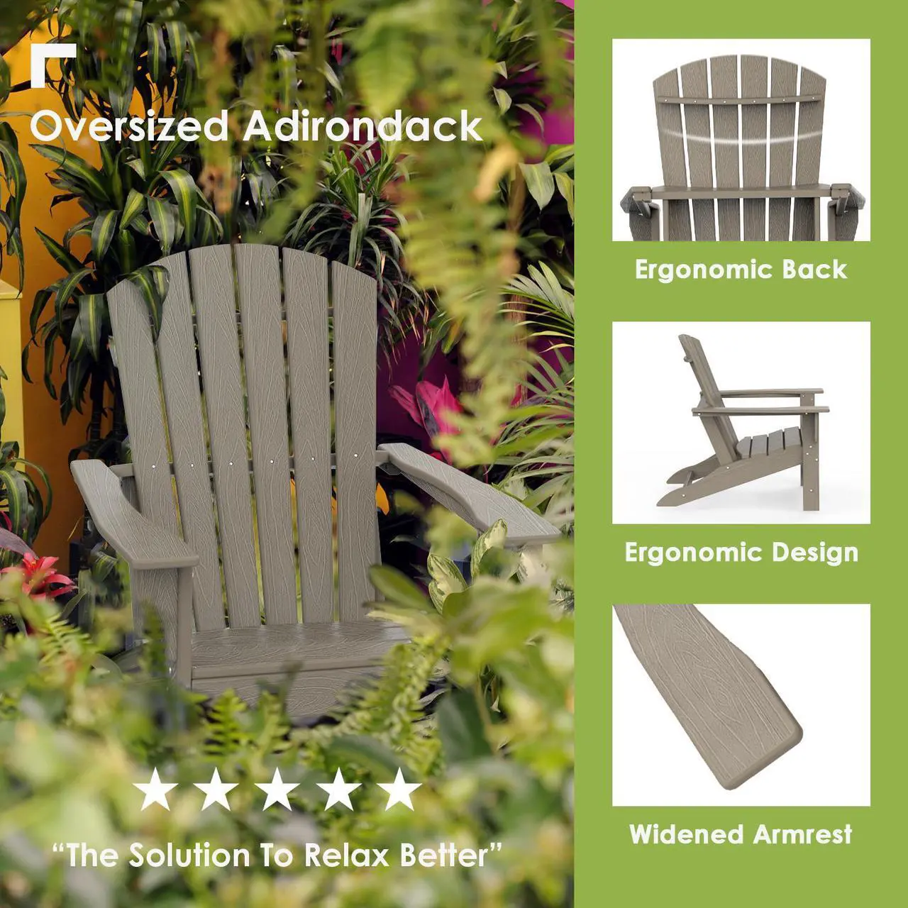 Alt view image 4 of 6 - Adirondack Chairs, HDPE All-Weather Fire Pit Chairs, Plastic Campfire Chair for Deck Backyard Patio Outdoor Poolside Porch Lawn Outside, Brown