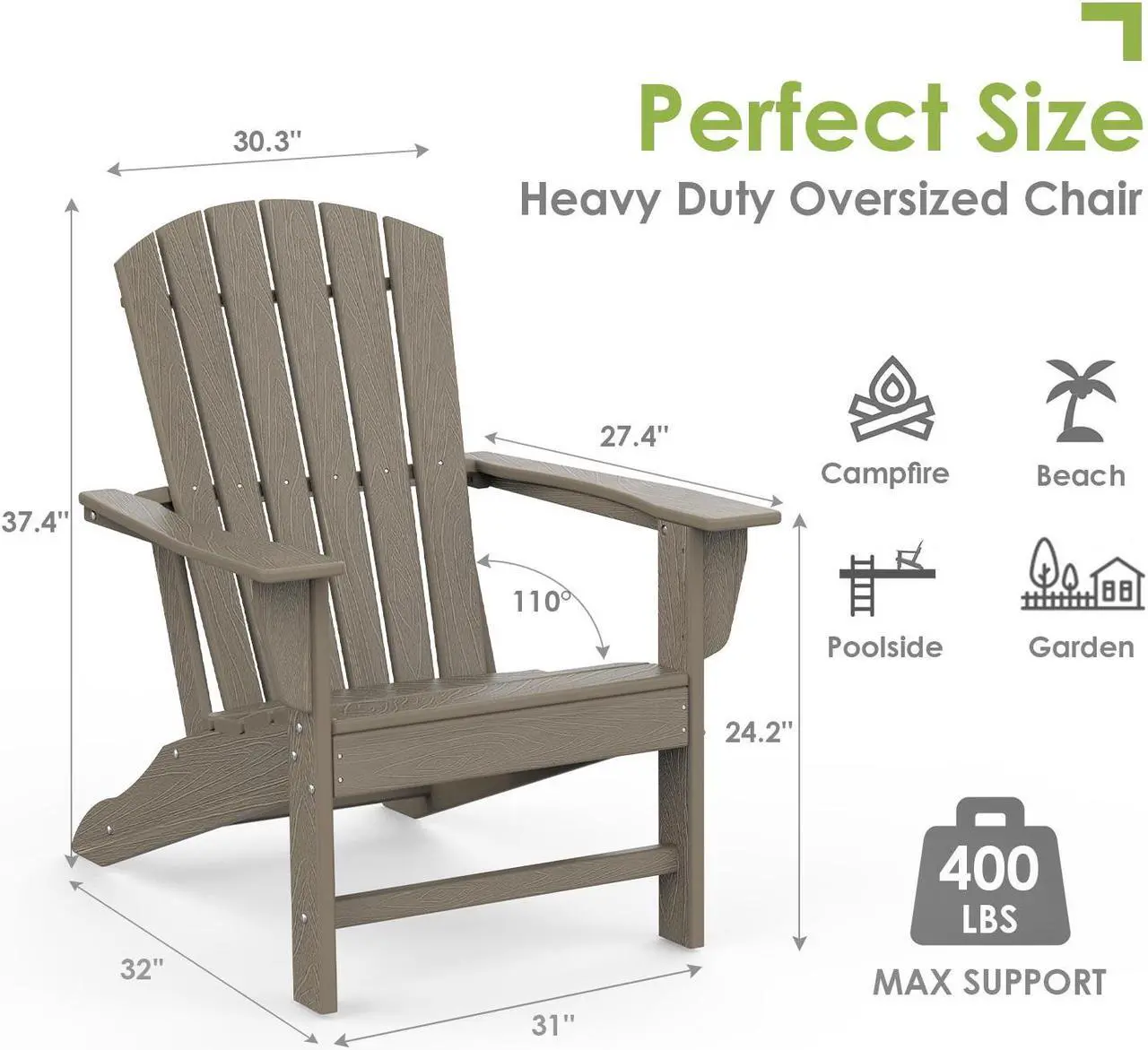 Alt view image 2 of 6 - Adirondack Chairs, HDPE All-Weather Fire Pit Chairs, Plastic Campfire Chair for Deck Backyard Patio Outdoor Poolside Porch Lawn Outside, Brown