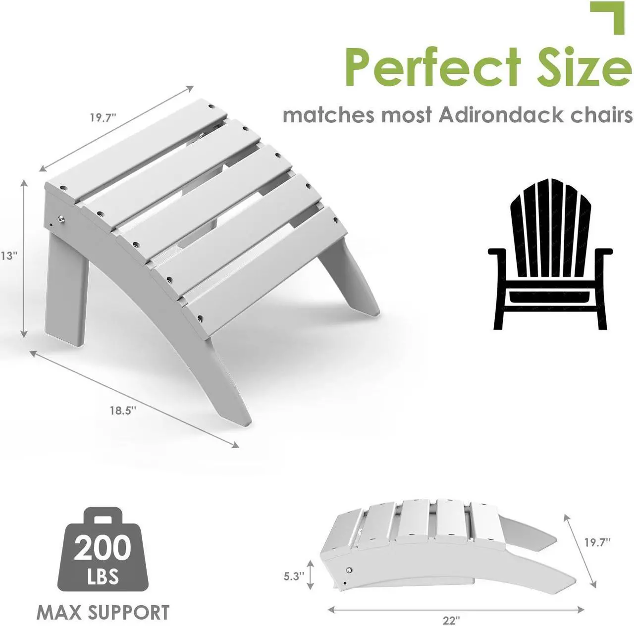 Alt view image 2 of 6 - dirondack Ottoman, HDPE All Weather Outdoor Adirondack Chair Footrest, Plastic Folding Footstool for Deck Backyard Patio Outdoor Poolside Porch Lawn Indoor, 19.7 inch Width, White