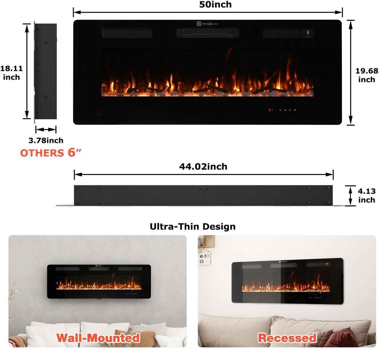 Alt view image 3 of 7 - JiffyPoint 50 Insert Wall Mounted Electric Fireplace, Low-Noise Fireplace Heater Mantel Features a Touch Screen, Remote Control with Timer, Adjustable Flame Color, 700W / 1400W 50 Inches