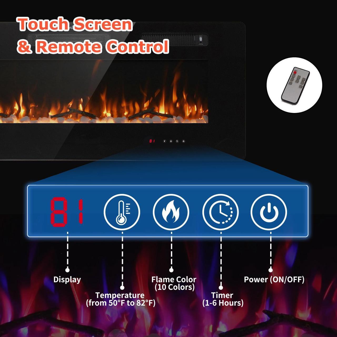 Alt view image 4 of 7 - JiffyPoint 50 Insert Wall Mounted Electric Fireplace, Low-Noise Fireplace Heater Mantel Features a Touch Screen, Remote Control with Timer, Adjustable Flame Color, 700W / 1400W 50 Inches