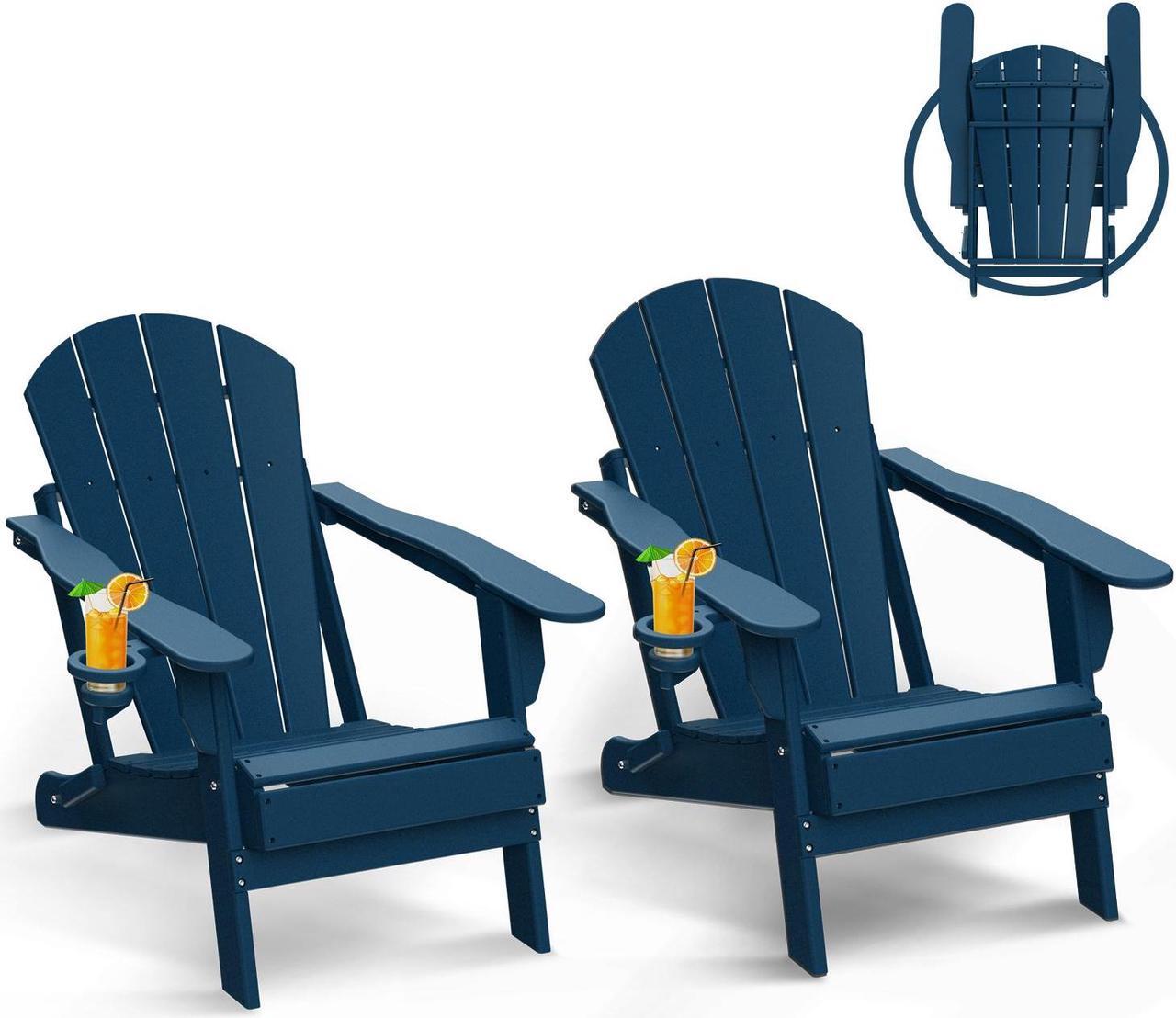 Main image of JiffyPoint Folding Adirondack Chairs Wood Grain, HDPE All-Weather Wood Texture Fire Pit Chairs with Cup Holder, Plastic Campfire Chair for Deck Backyard Patio Outdoor Poolside Porch Lawn,Blue 2 Pack