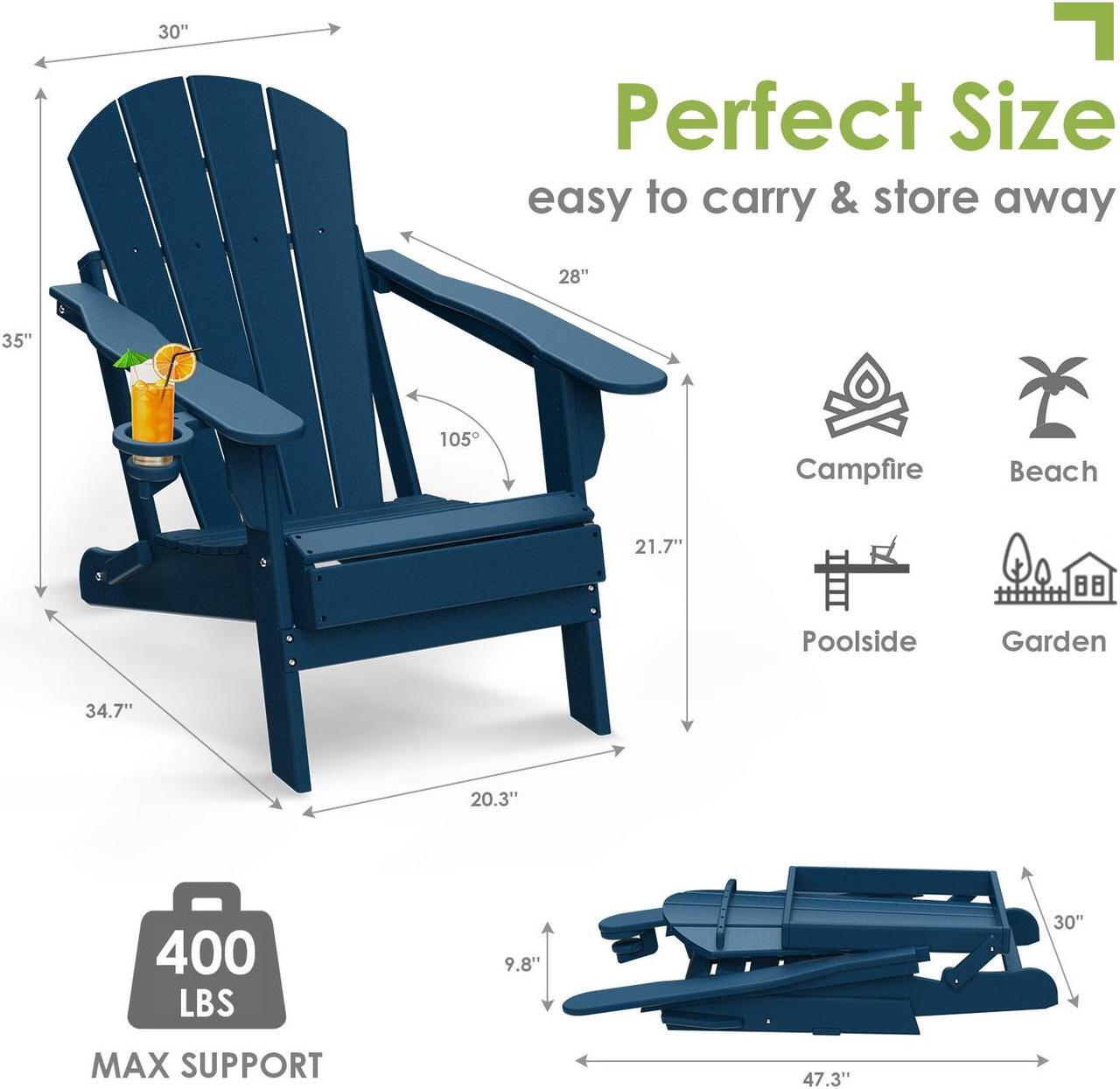Alt view image 2 of 6 - JiffyPoint Folding Adirondack Chairs Wood Grain, HDPE All-Weather Wood Texture Fire Pit Chairs with Cup Holder, Plastic Campfire Chair for Deck Backyard Patio Outdoor Poolside Porch Lawn,Blue 2 Pack