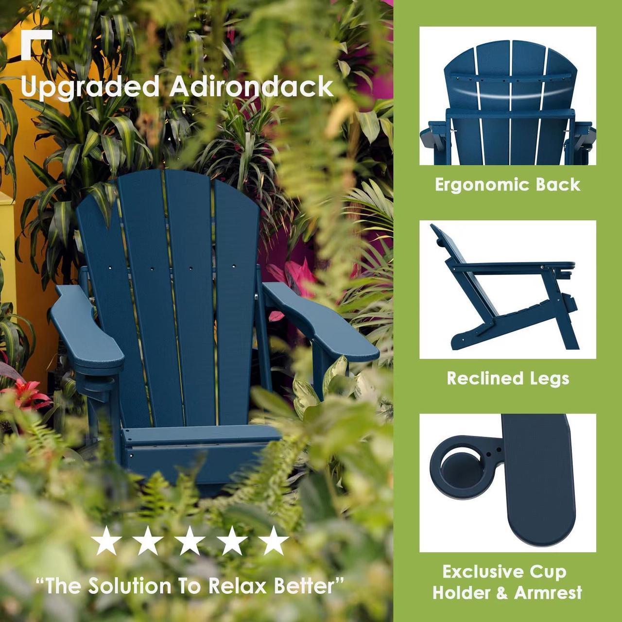 Alt view image 5 of 6 - JiffyPoint Folding Adirondack Chairs Wood Grain, HDPE All-Weather Wood Texture Fire Pit Chairs with Cup Holder, Plastic Campfire Chair for Deck Backyard Patio Outdoor Poolside Porch Lawn,Blue 2 Pack