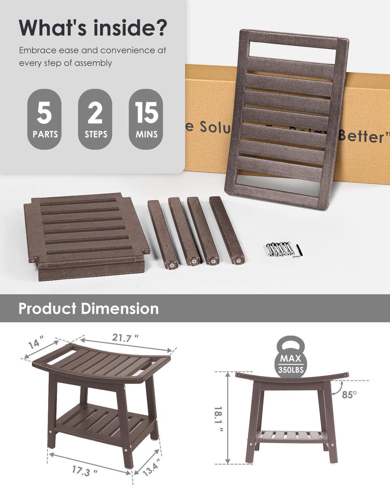 Alt view image 3 of 7 - JiffyPoint 21.8W Shower Bench Seat Waterproof, HDPE Shower Stool-for Inside Shower Bathroom Benches w/Storage Shelf & Handles, Indoor Outdoor Use Dark Brown