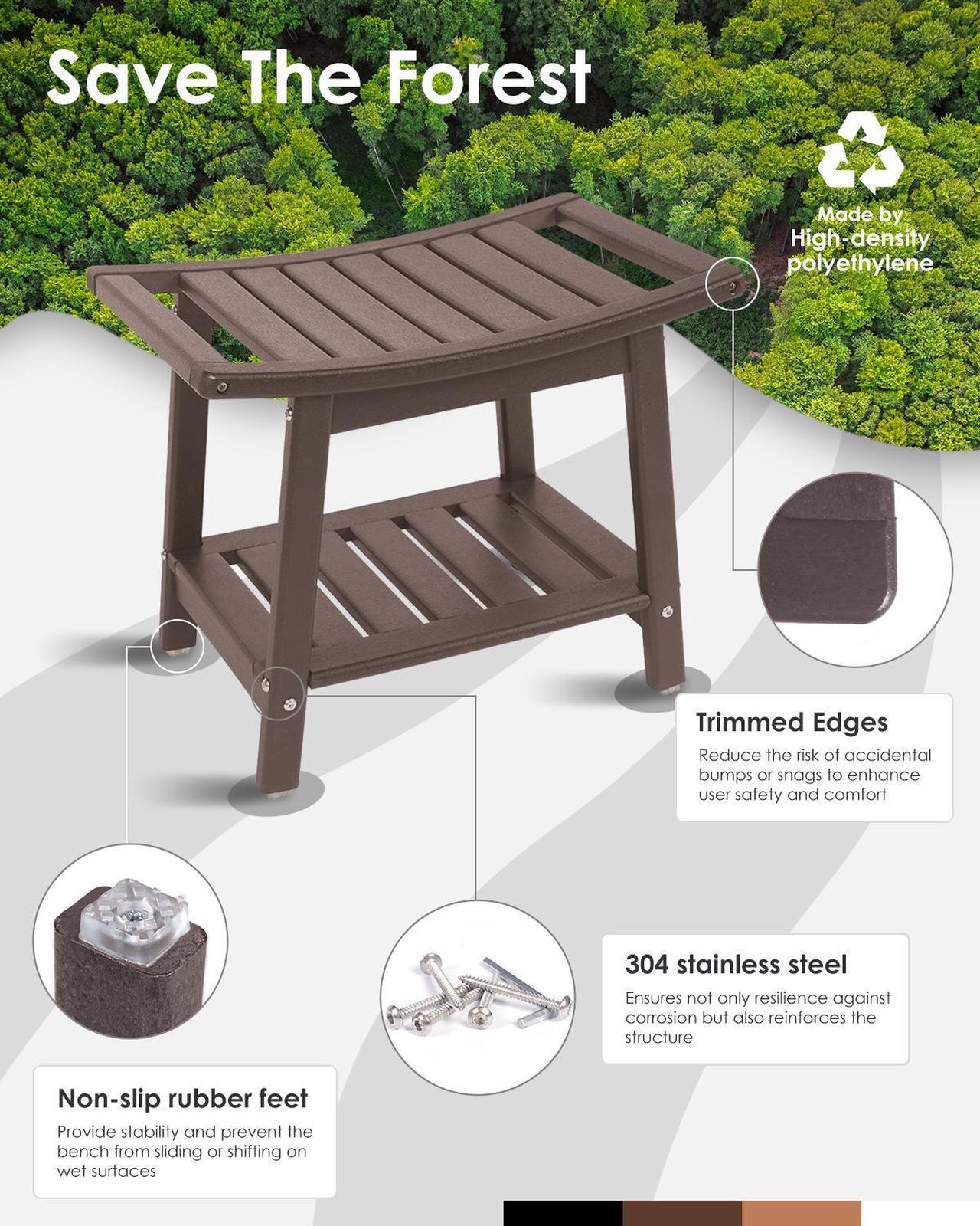 Alt view image 4 of 7 - JiffyPoint 21.8W Shower Bench Seat Waterproof, HDPE Shower Stool-for Inside Shower Bathroom Benches w/Storage Shelf & Handles, Indoor Outdoor Use Dark Brown