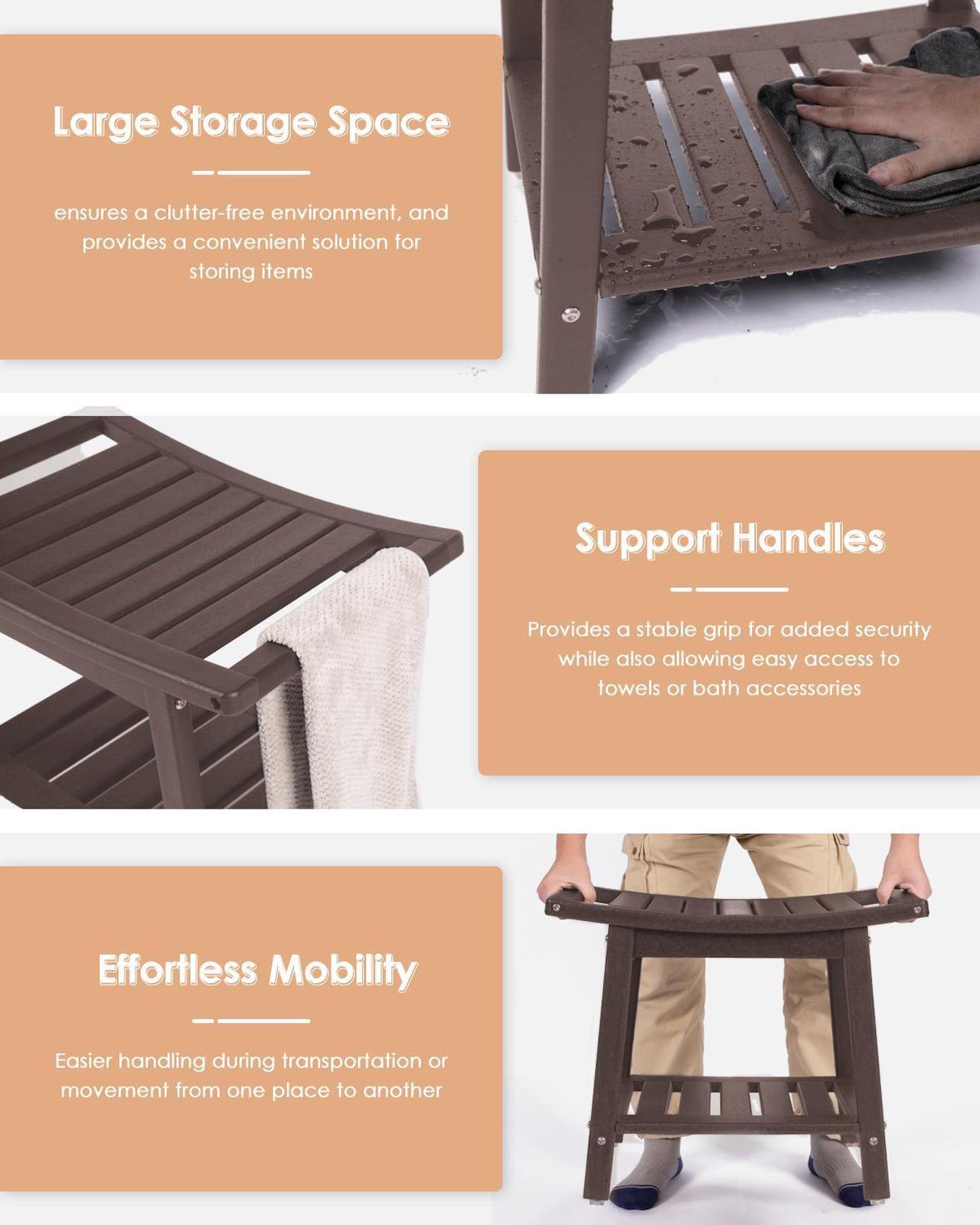 Alt view image 5 of 7 - JiffyPoint 21.8W Shower Bench Seat Waterproof, HDPE Shower Stool-for Inside Shower Bathroom Benches w/Storage Shelf & Handles, Indoor Outdoor Use Dark Brown