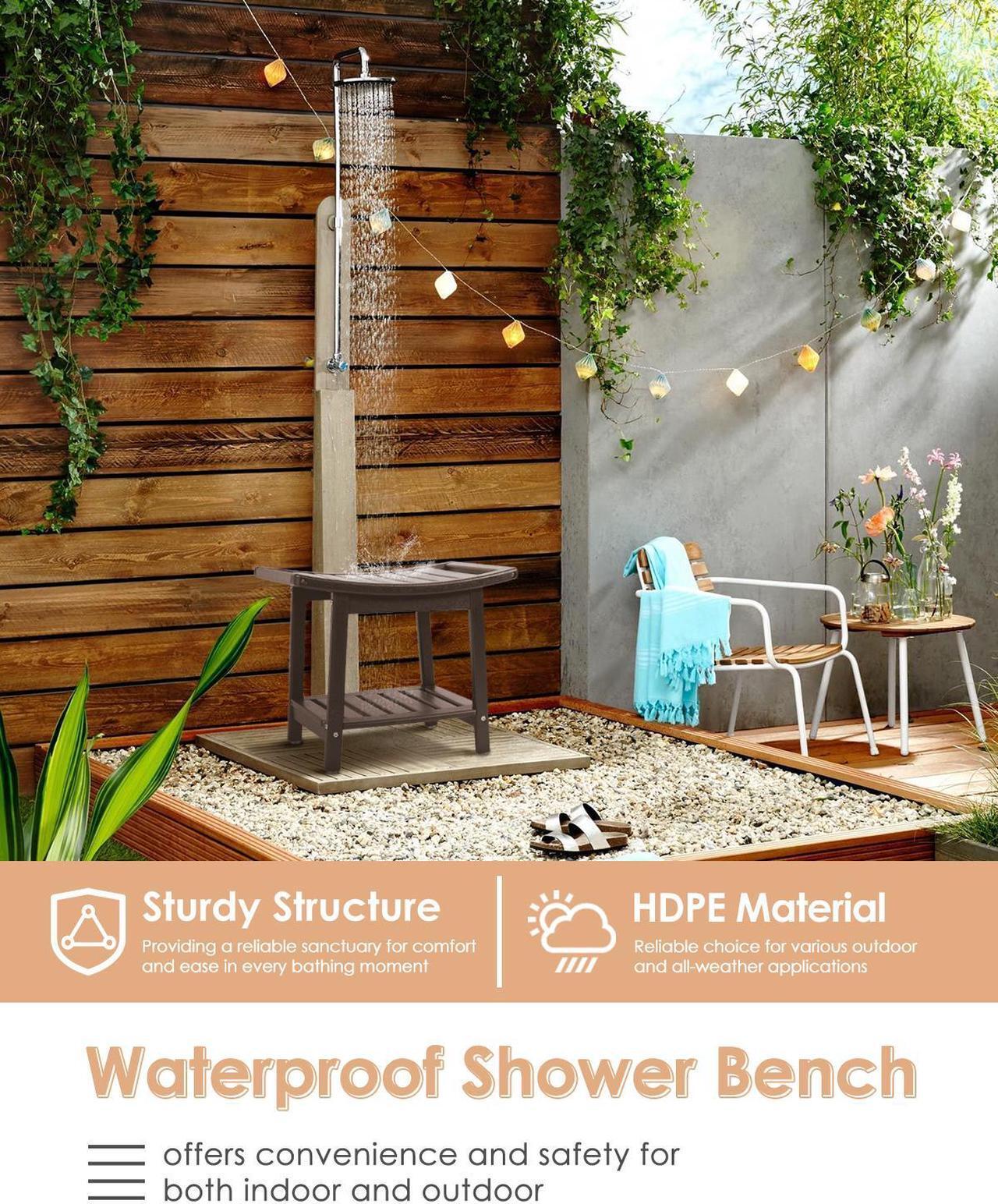Alt view image 6 of 7 - JiffyPoint 21.8W Shower Bench Seat Waterproof, HDPE Shower Stool-for Inside Shower Bathroom Benches w/Storage Shelf & Handles, Indoor Outdoor Use Dark Brown