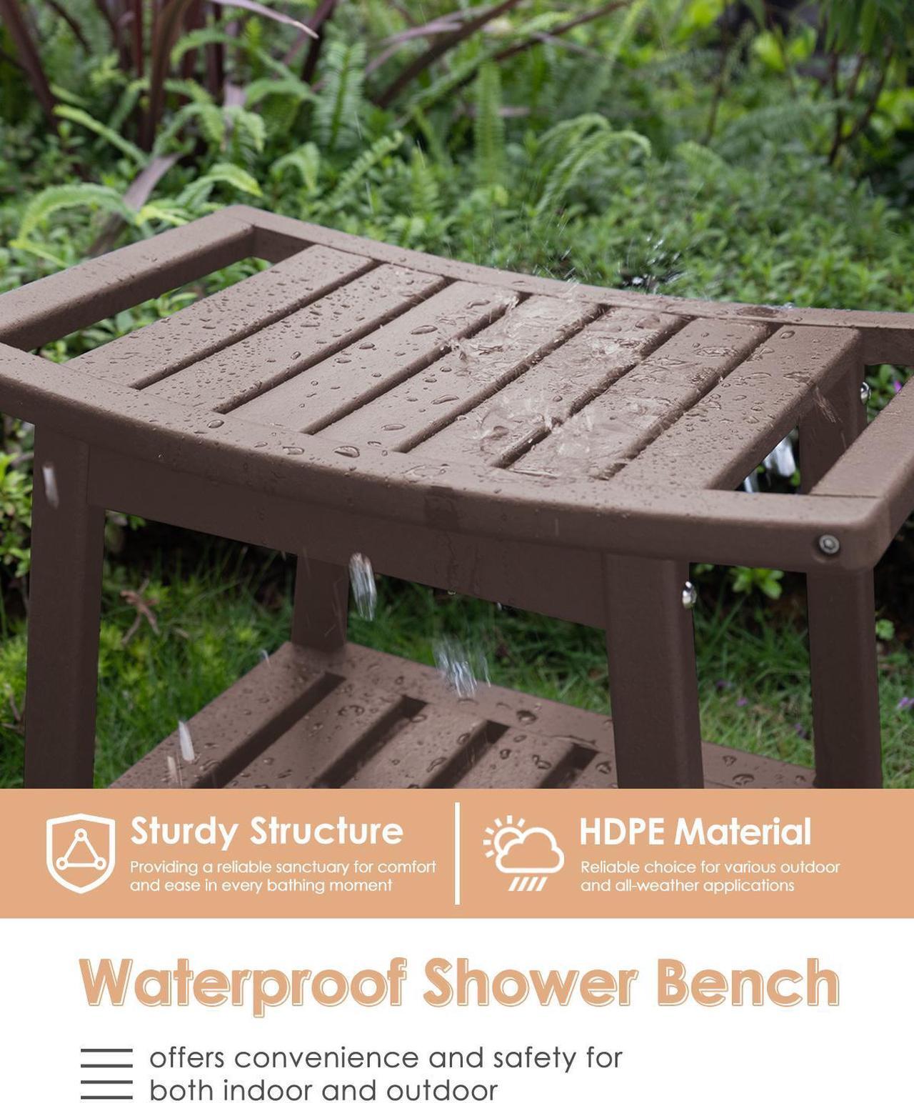 Alt view image 7 of 7 - JiffyPoint 21.8W Shower Bench Seat Waterproof, HDPE Shower Stool-for Inside Shower Bathroom Benches w/Storage Shelf & Handles, Indoor Outdoor Use Dark Brown