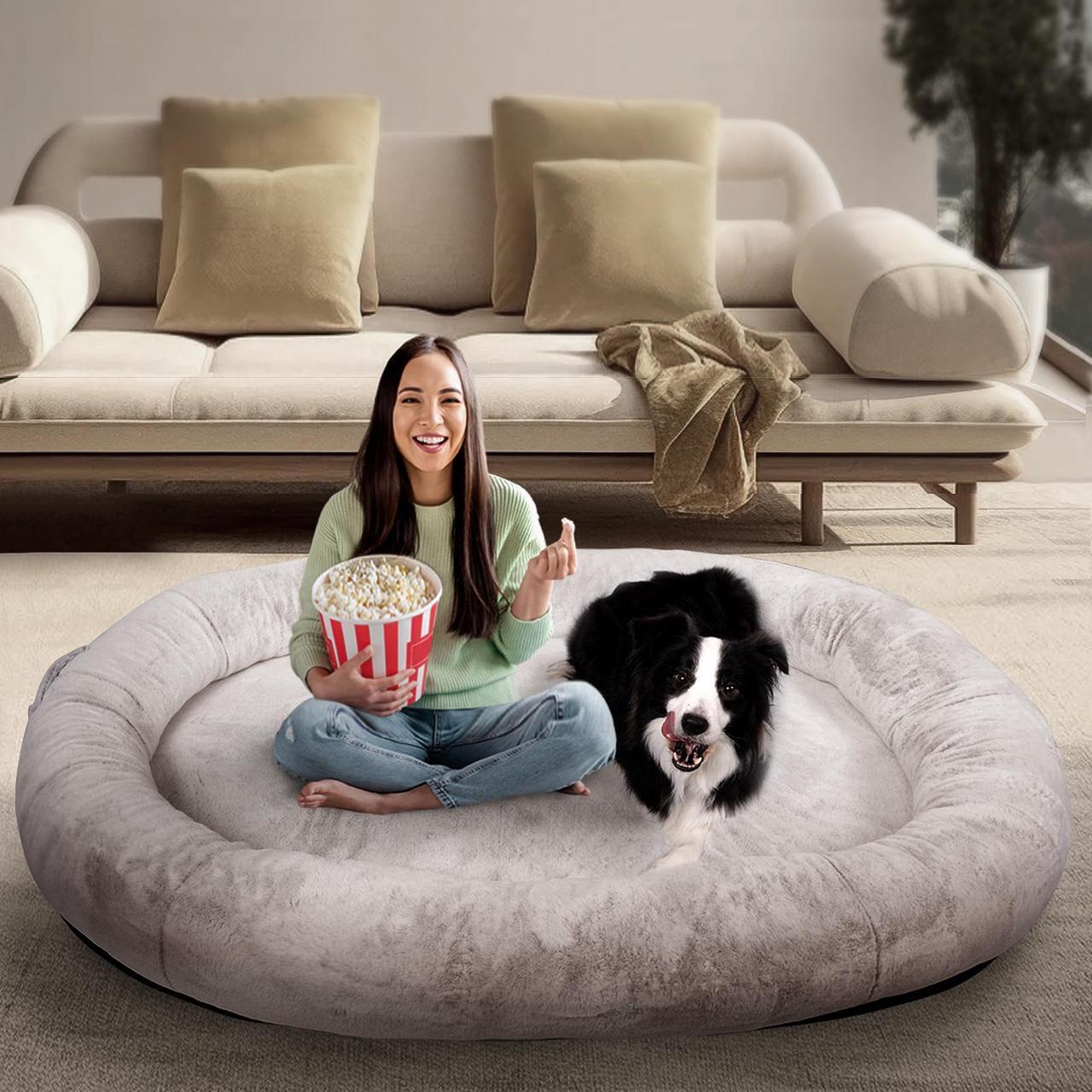 Main image of JiffyPoint Human Dog Bed for People Adults,71"x45"x14" Human-Sized Dog Bed for Large Dogs Giant Orthopedic Dog Bean Bag Bed,Washable Faux Fur Nap Bed for Humans with Blanket and Pillow,Camel