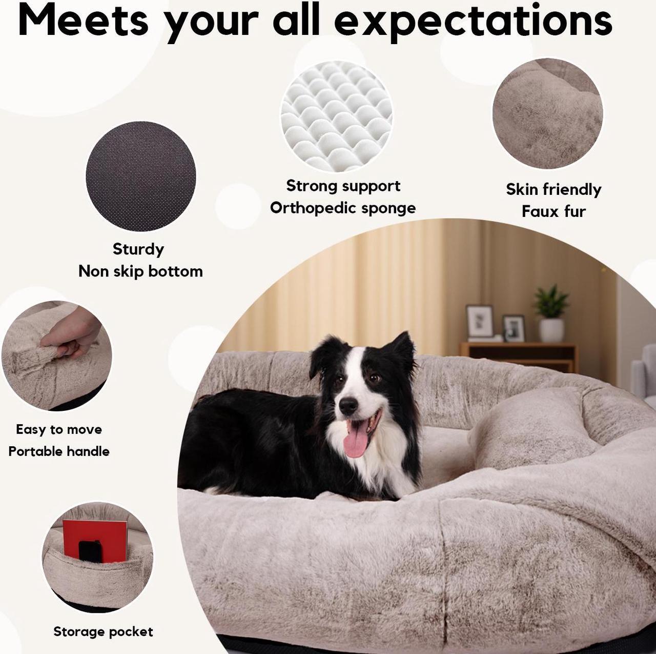 Alt view image 2 of 6 - JiffyPoint Human Dog Bed for People Adults,71"x45"x14" Human-Sized Dog Bed for Large Dogs Giant Orthopedic Dog Bean Bag Bed,Washable Faux Fur Nap Bed for Humans with Blanket and Pillow,Camel