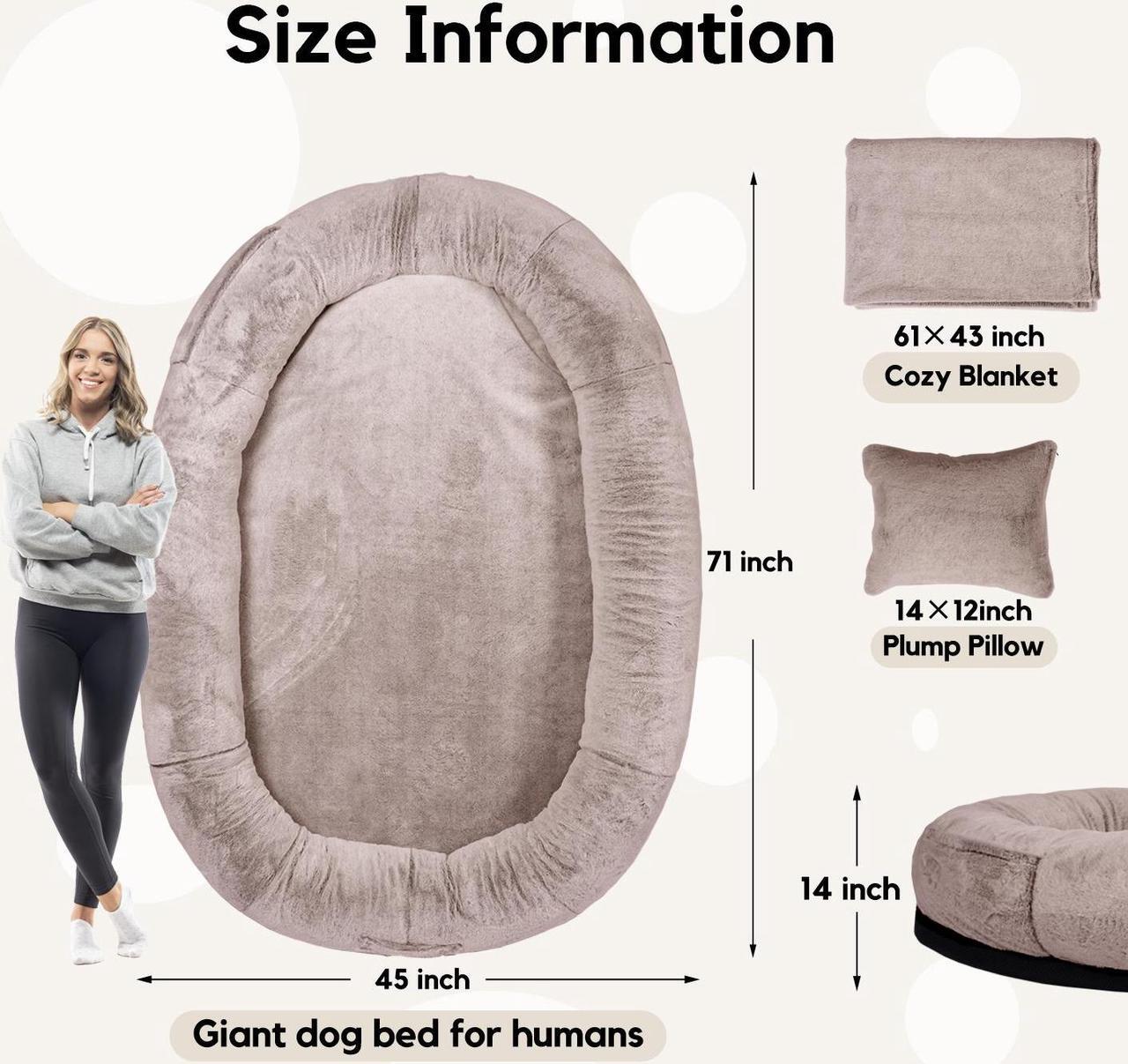 Alt view image 5 of 6 - JiffyPoint Human Dog Bed for People Adults,71"x45"x14" Human-Sized Dog Bed for Large Dogs Giant Orthopedic Dog Bean Bag Bed,Washable Faux Fur Nap Bed for Humans with Blanket and Pillow,Camel