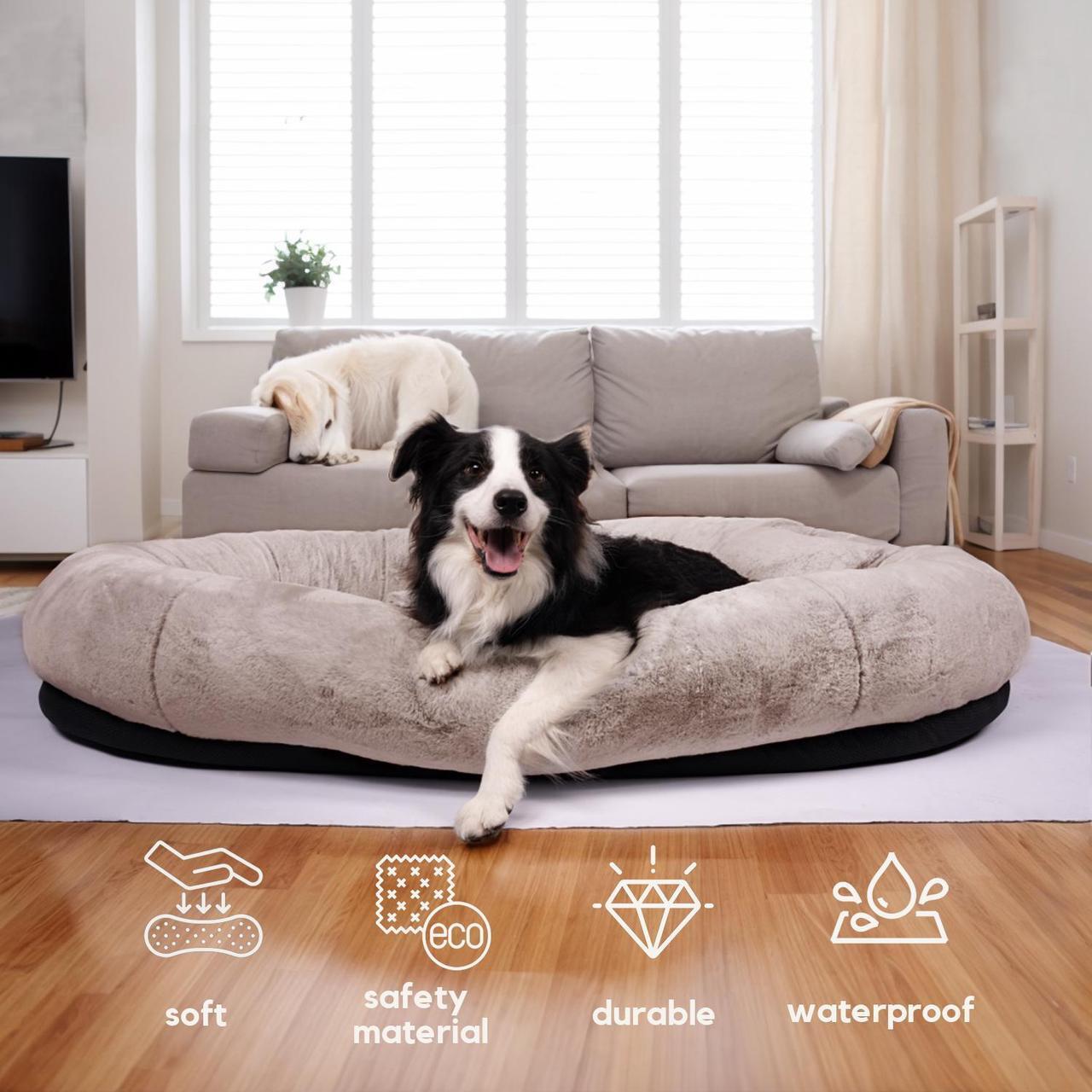 Alt view image 6 of 6 - JiffyPoint Human Dog Bed for People Adults,71"x45"x14" Human-Sized Dog Bed for Large Dogs Giant Orthopedic Dog Bean Bag Bed,Washable Faux Fur Nap Bed for Humans with Blanket and Pillow,Camel