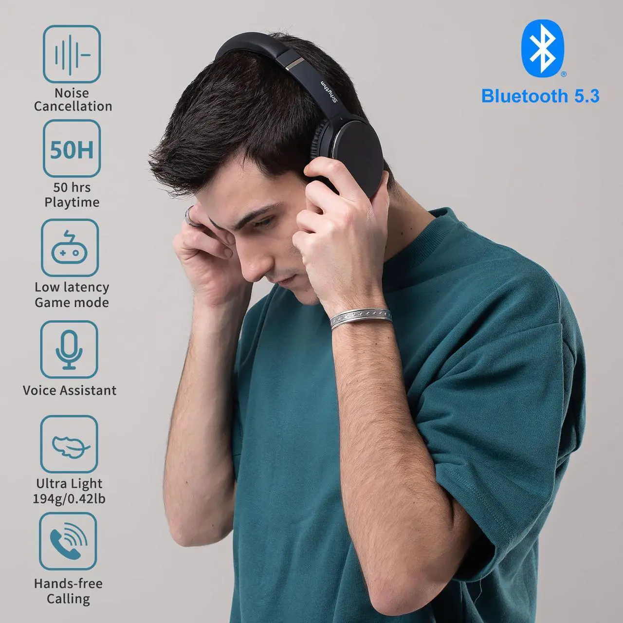 Alt view image 2 of 7 - Srhythm NC25 Active Noise Cancelling Headphones Bluetooth 5.3,ANC Stereo Headset Over-Ear with Hi-Fi,Mic,50H Playtime,Voice Assistant,Low Latency Game Mode