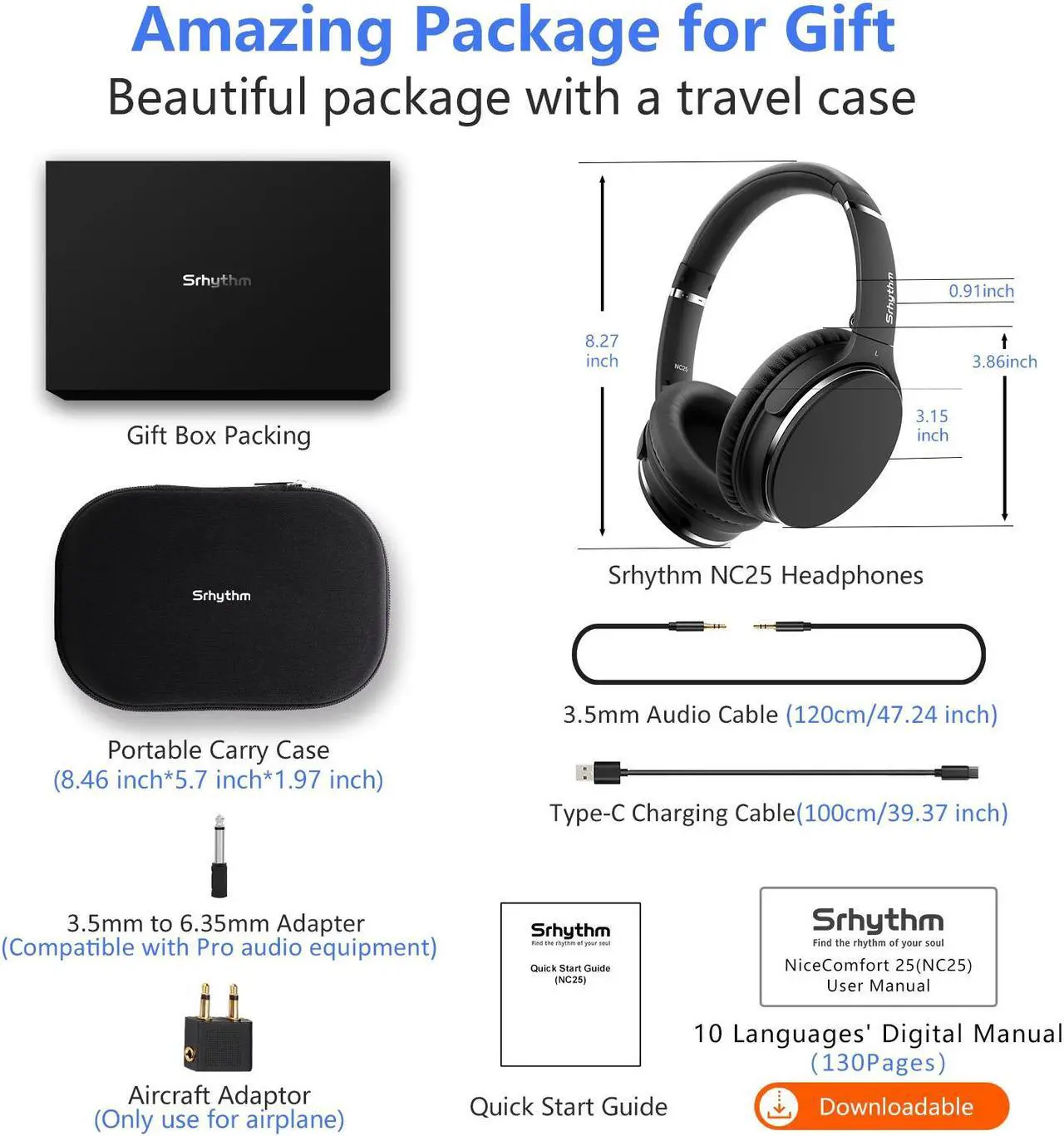 Alt view image 5 of 7 - Srhythm NC25 Active Noise Cancelling Headphones Bluetooth 5.3,ANC Stereo Headset Over-Ear with Hi-Fi,Mic,50H Playtime,Voice Assistant,Low Latency Game Mode