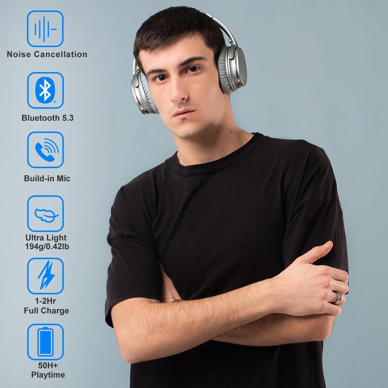 Alt view image 2 of 7 - Srhythm NC35 Noise Cancelling Headphones Wireless Bluetooth 5.3, Fast Charge Over-Ear Lightweight Headset with Microphones,Mega Bass 50+ Hours Playtime Green