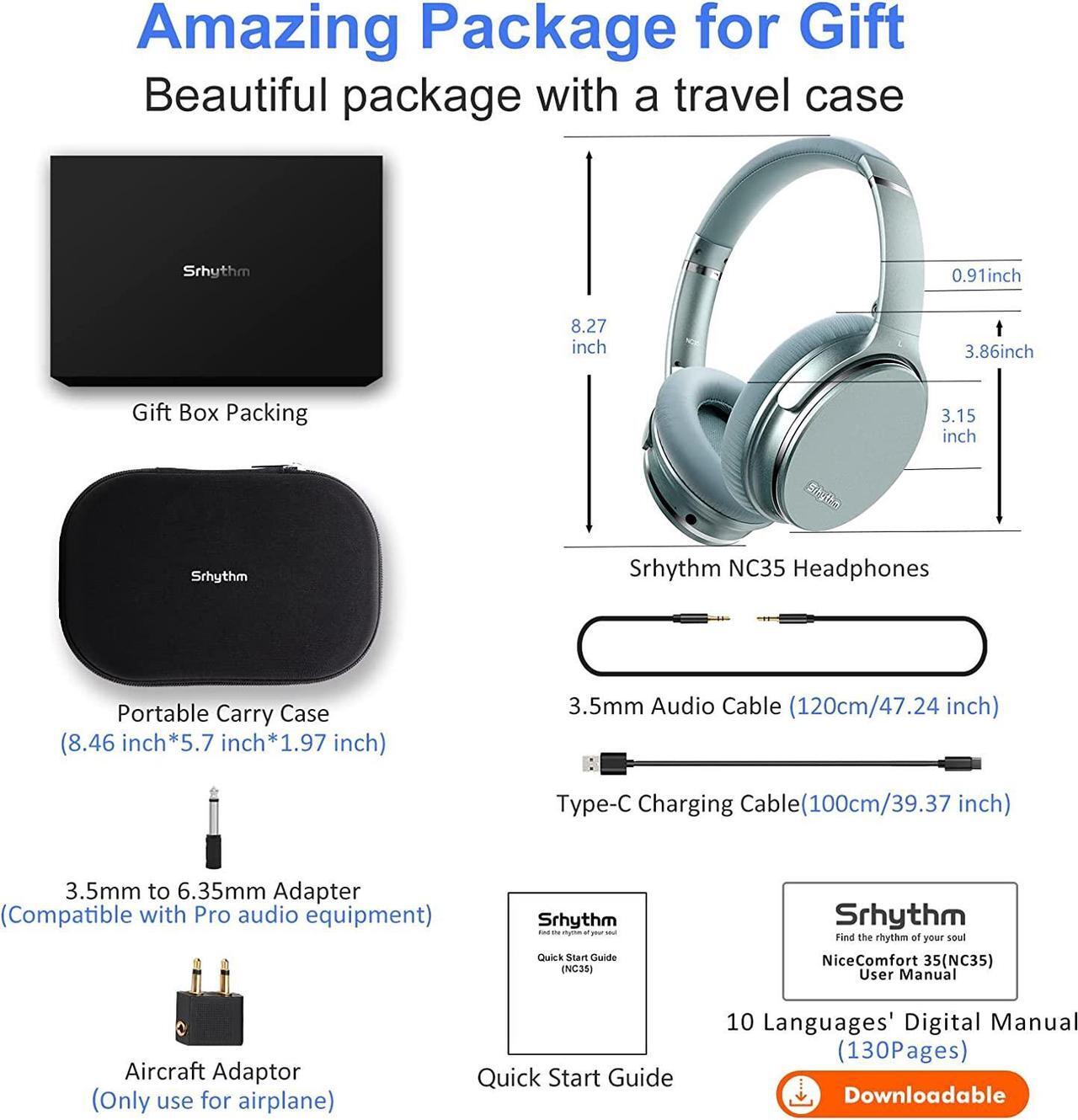 Alt view image 6 of 7 - Srhythm NC35 Noise Cancelling Headphones Wireless Bluetooth 5.3, Fast Charge Over-Ear Lightweight Headset with Microphones,Mega Bass 50+ Hours Playtime Green