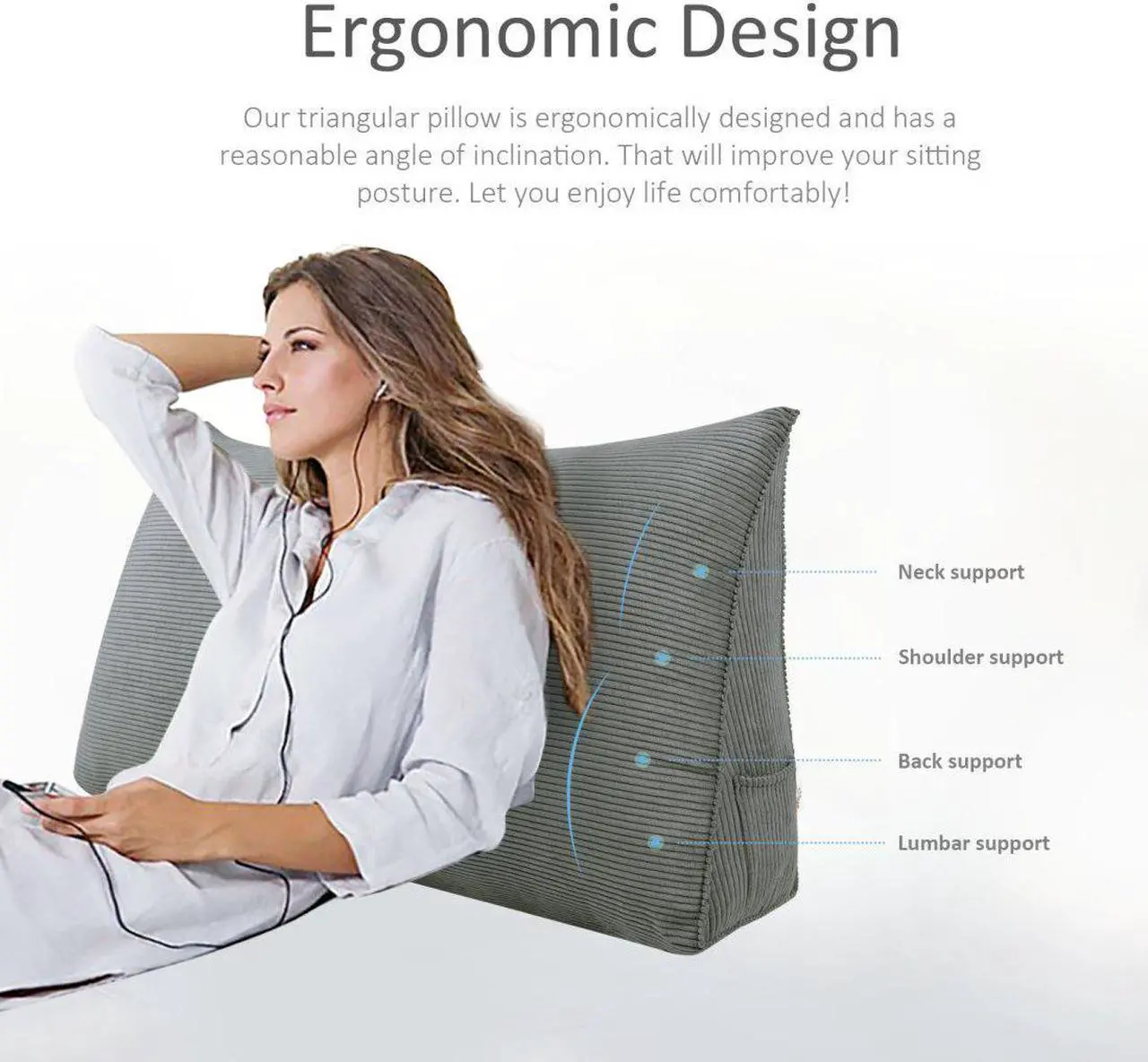Alt view image 2 of 6 - Rucener Large Bolster Triangular Positioning Support Reading Backrest Wedge Pillow for Headboard for Day Bed Bunk Bed with Removable Cover No Button